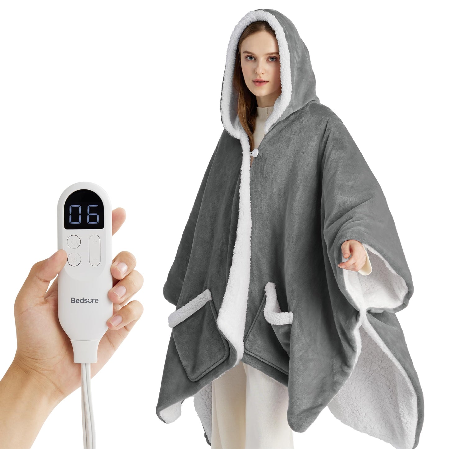 Bedsure Heated Blanket Wearable Shawl - Electric Wrap Poncho Blanket Hoodie for Adult, Birthday Gifts for Mom Women, Sherpa Heating Throw with 4 Time Settings & 6 Heat Settings, 50x64 inches, Grey