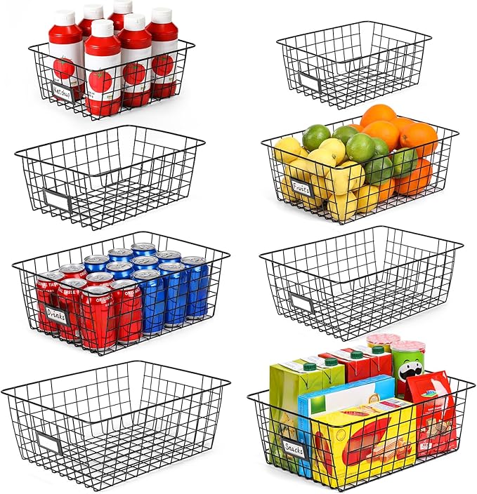 8 Set, Extra Large Wire Baskets for Organizing with Lables, Cabinet Pantry Organization and Storage Bins - Metal Basket for Kitchen, Laundry, Garage, Fridge, Bathroom Countertop Organizer, Black
