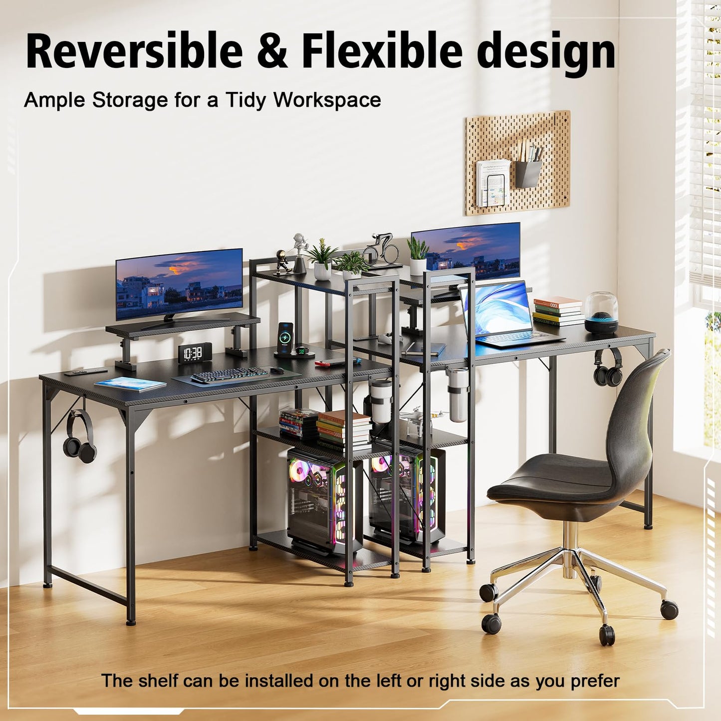 DOMICON 47 Inch Gaming Desk with LED Light, Computer Desk with Reversible Storage Shelves and Power Outlets for Home Office, Black