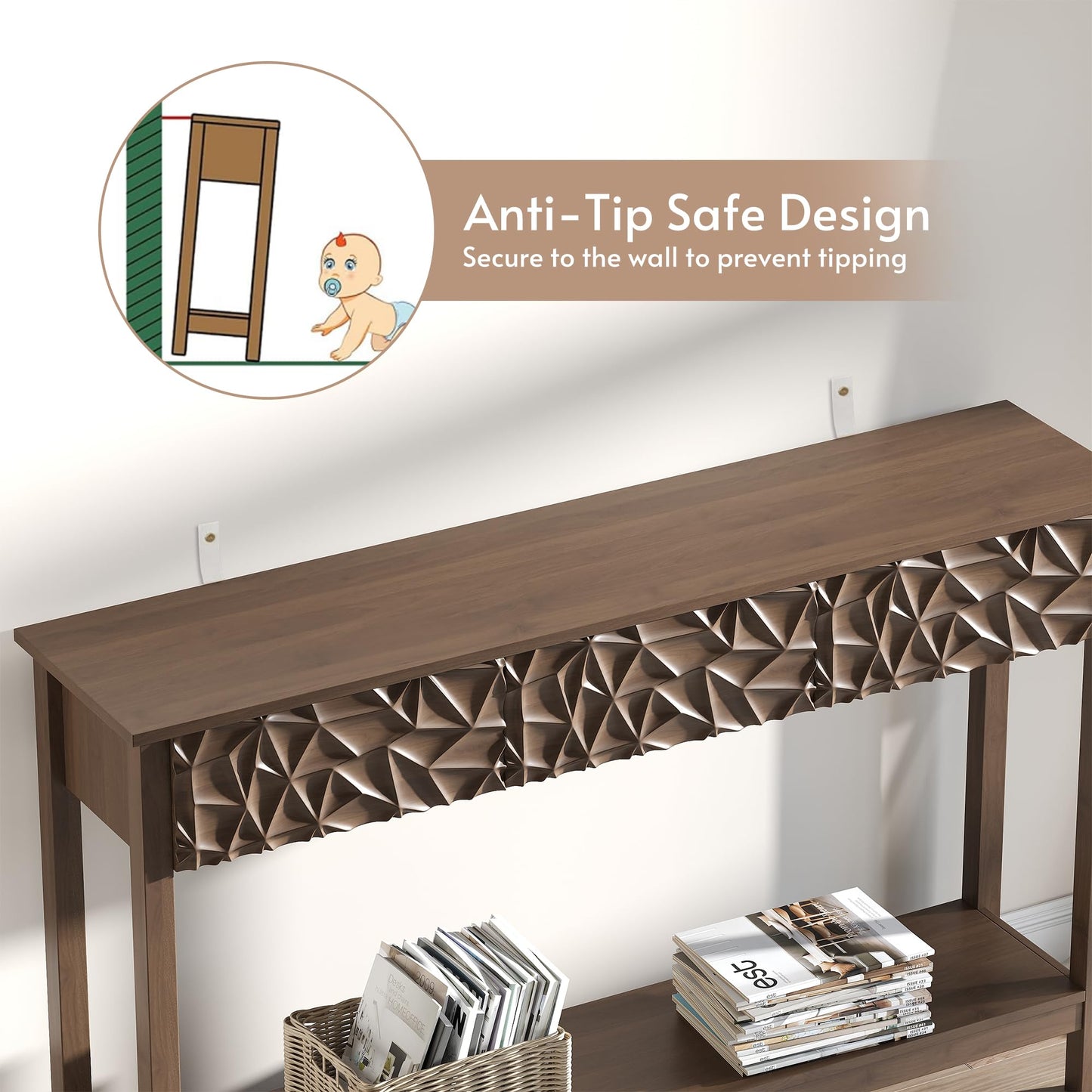 EVEVMINM 51 Inch Modern Console Table Farmhouse Entryway Table with 3 Drawers Narrow Wood Entry Way Table with Open Storage Shelf Long Sofa Table Behind Couch for Hallway, Foyer, Living Room, Walnut