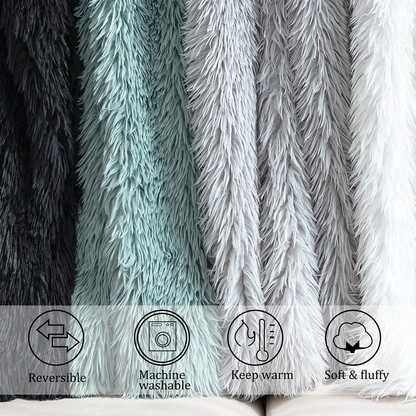 JONIYEAR Decorative 2.8" Long Hair Soft Fuzzy Faux Fur Throw Blanket 50" x 60",Luxury Reversible Fluffy Blankets for Couch Sofa Chair,Lightweight Accent Cozy Plush Thick Warm Shaggy Furry Blanket,Aqua