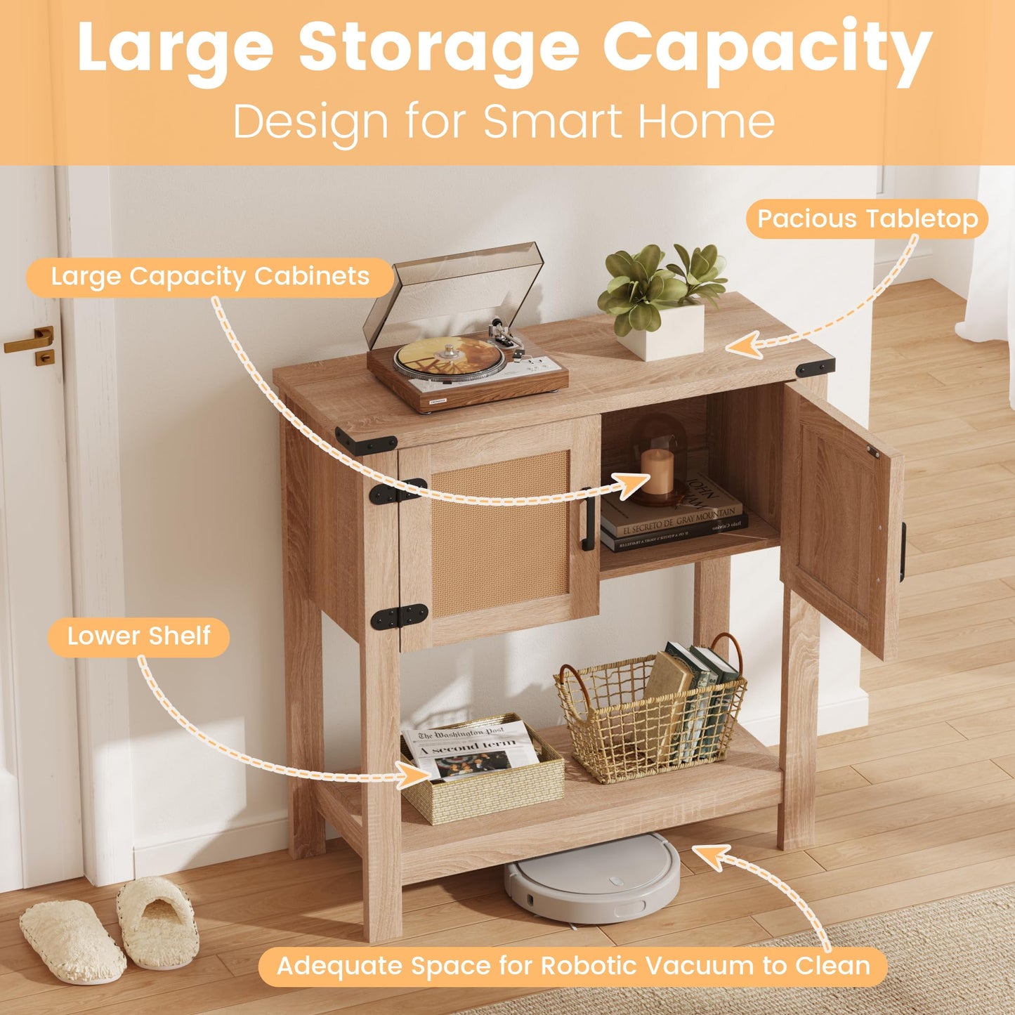 MELLCOM Console Table with Rattan Doors, Farmhouse Entryway Table with Storage Cabinet, Wood Hallway Desk with Open Storage Shelf for Living Room, Bedroom & Office