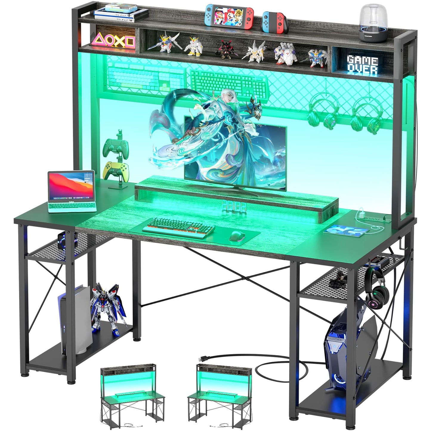 iSunirm 48 Gaming Desk with Hutch, Large Computer Desk with LED and Charging Station, Home Office Desk with Pegboard, Power Outlet, Storage and Monitor Stand, 48'' Gamer Desk PC Table, Grey