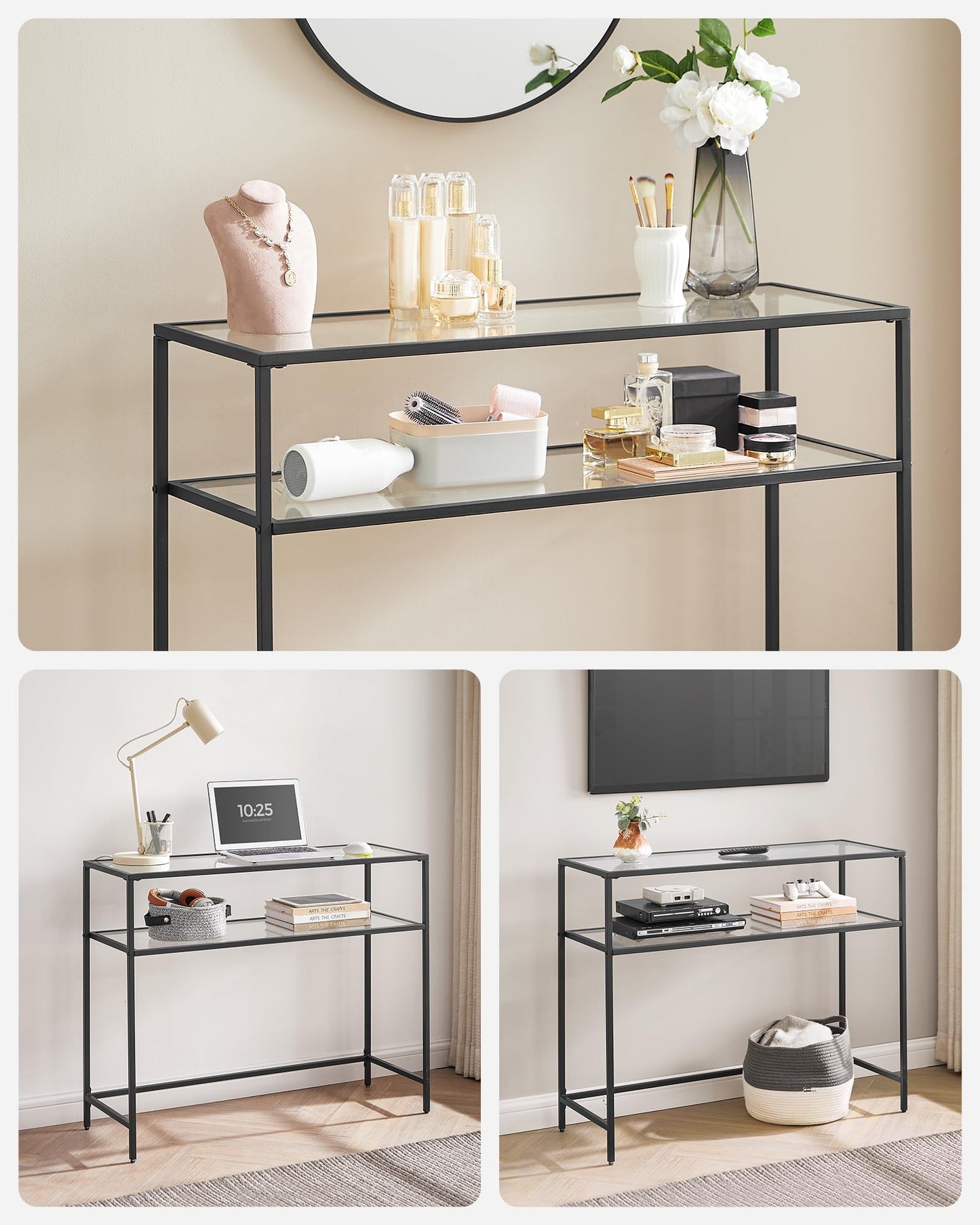 VASAGLE 39.4 Inch Console Sofa Table, Modern Entryway Table, Tempered Glass Table, Metal Frame, 2 Shelves, Adjustable Feet, for Living Room, Hallway, Black ULGT025B01