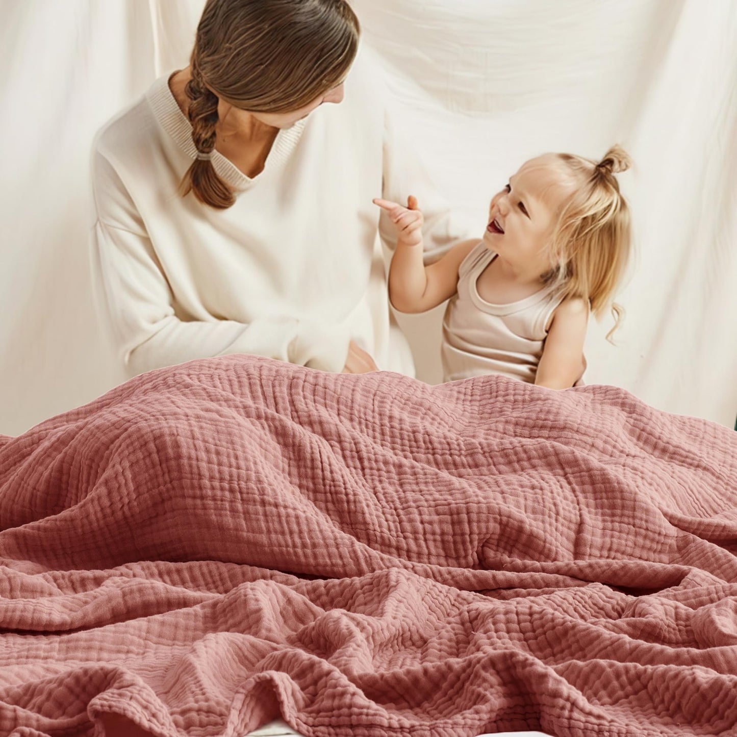 Carriediosa 100% Cotton Muslin Throw Blanket 50" X 70" Throw XL Size，4-Layers Summer Gauze Throws for Bed Couch，Soft Lightweight Breathable Linen Blankets Bedspread for Adults All Season，Mauve