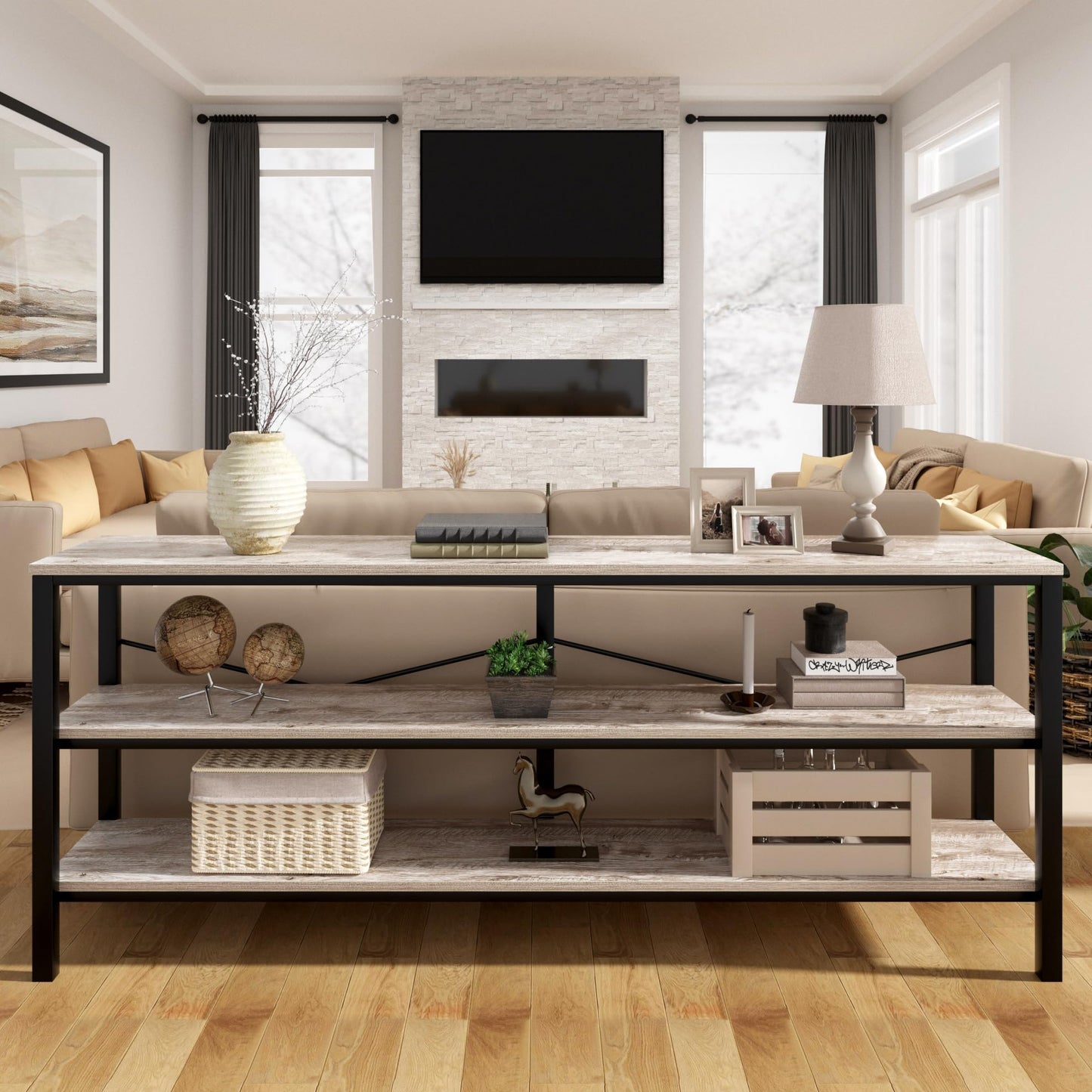 Vida Vistoso 71 Inch Industrial Console Table Behind Couch, Extra Long Sofa Table with 3 Tier Wood Storage Shelves, TV Table with Metal Frame for Living Room, Foyer, Hallway (Oak Grey)