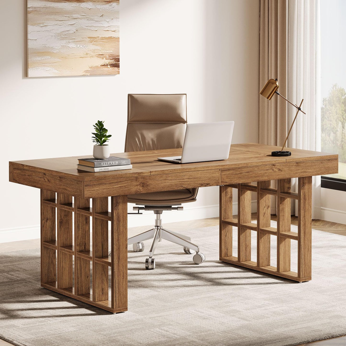 Tribesigns 62.9-Inch Computer Desk, Large Office Executive Desk with Double Pedestal, Simple Wooden Writing Study Table for Home Office