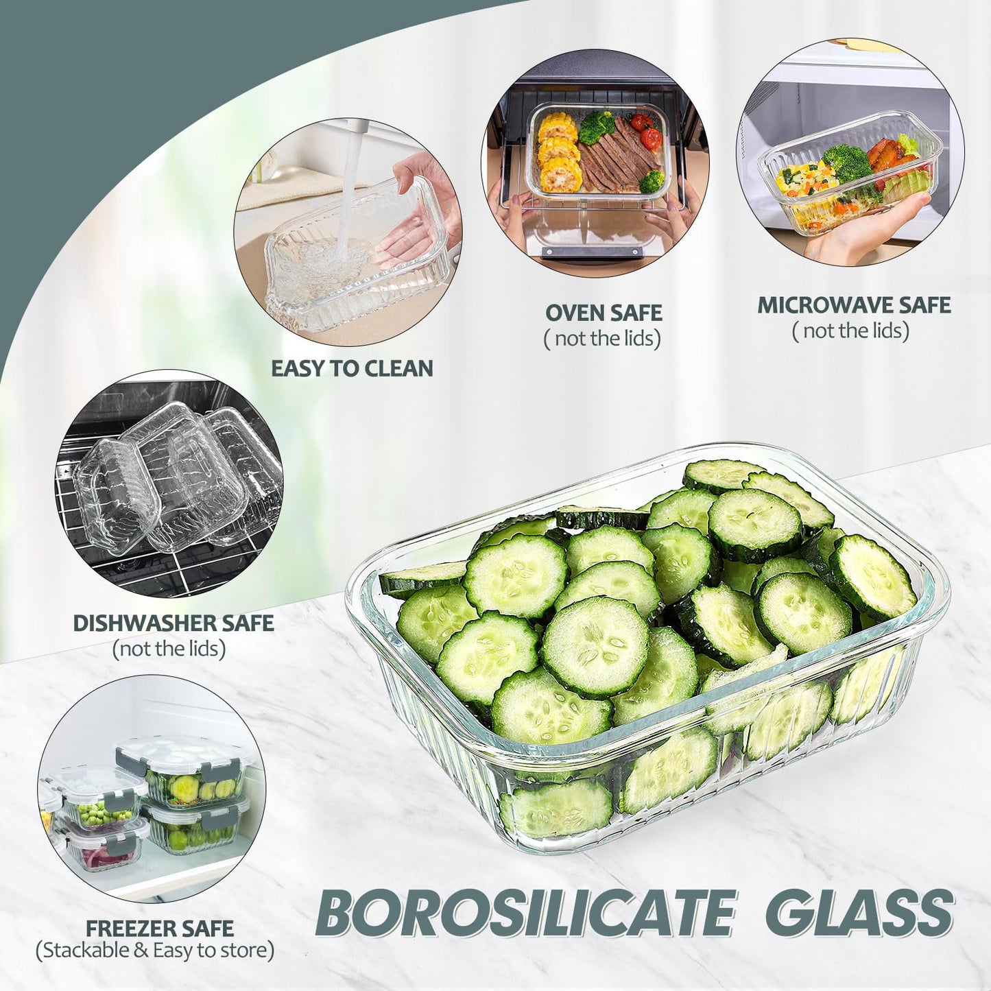 KOMUEE 10 Packs Glass Meal Prep Containers with Lids, Glass Food Storage Containers Set, Airtight Lunch Containers, Microwave, Oven, Freezer and Dishwasher Safe, Gray