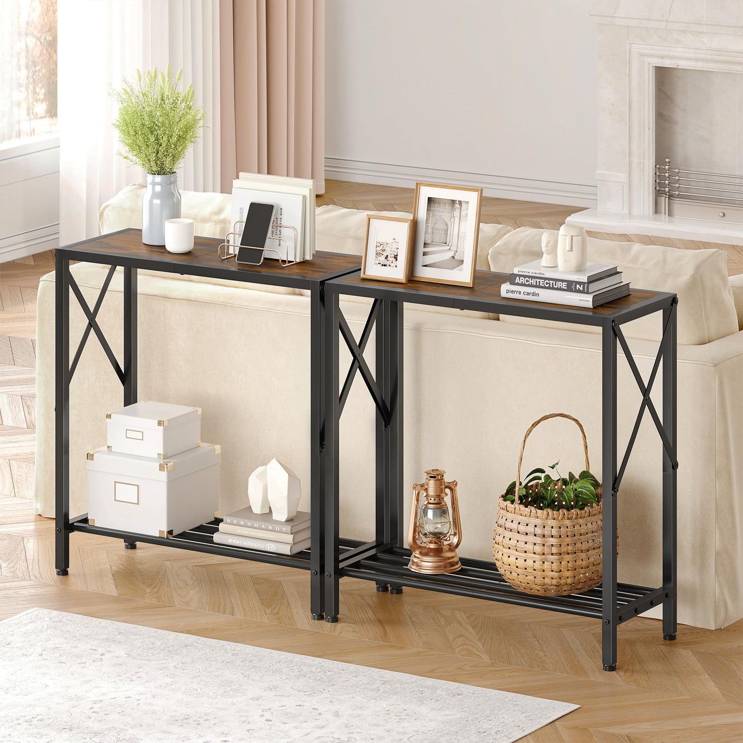 Tajsoon Console Table, 2 Tier Small Hallway Table, Narrow Sofa Table for Entryway with Open Shelves for Living Room, Hallway, Foyer, Office, Rustic Brown
