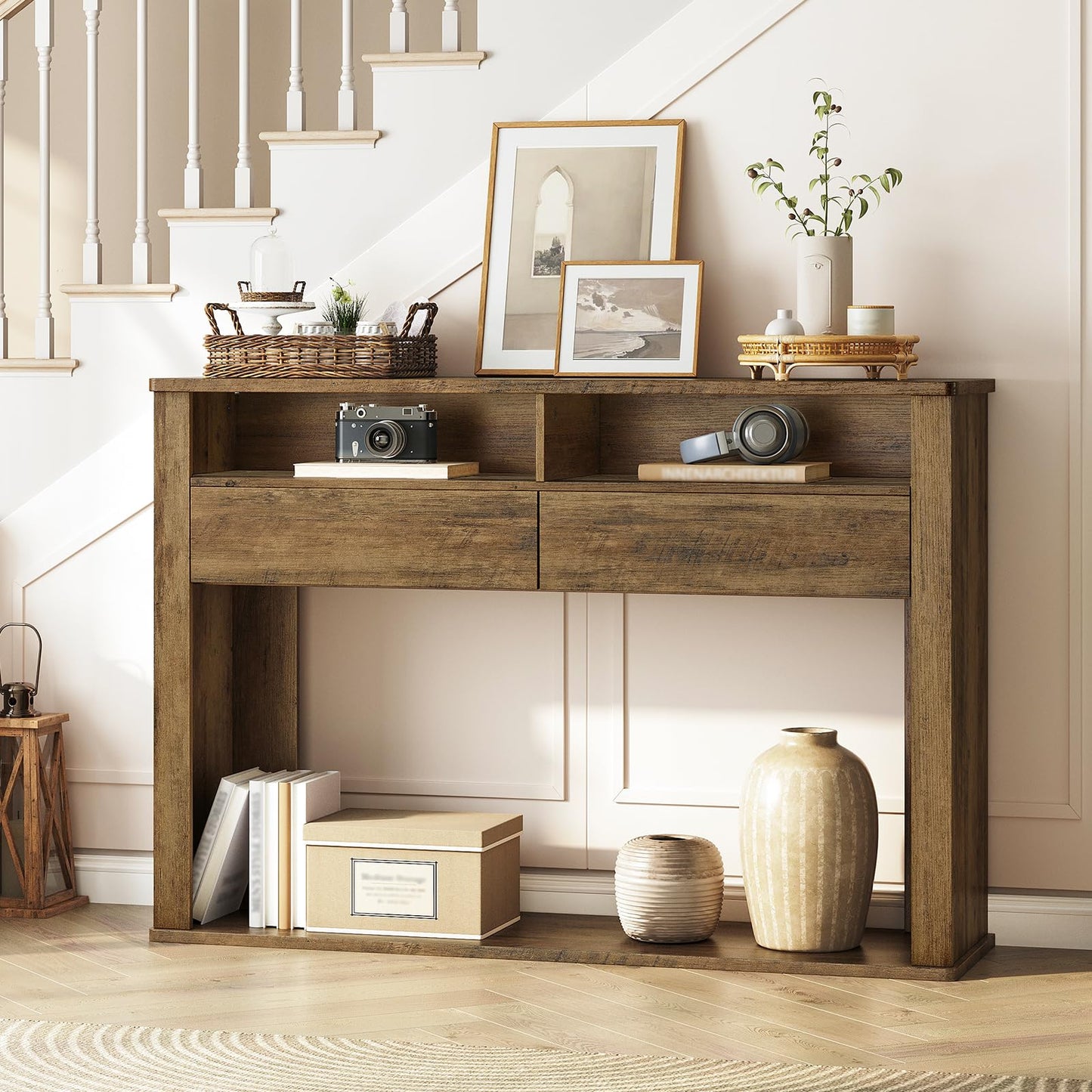 RALGEND 43.3 Inches Console Table, Narrow Entryway Table with 2 Drawers, 2 Compartments and Bottom Shelf, Farmhouse Hallway Accent Table for Entryway, Living Room, Foyer, Hallway, Dark Brown