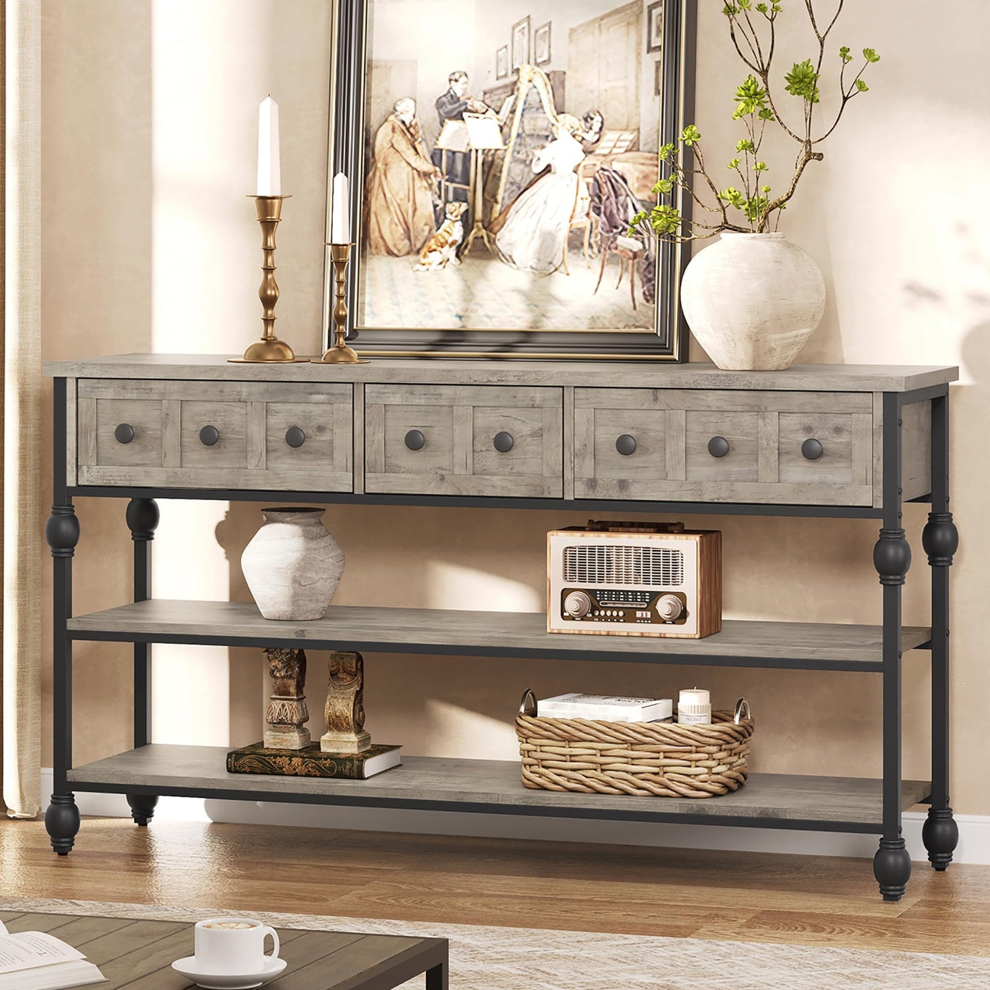 Garvee Console Sofa Table 53", Entryway Table with 3 Drawers, 3 Tier Metal Sofa Table, Open Shelf Behind Couch Table for Hallway, Living Room, Roman Column Design, Grey