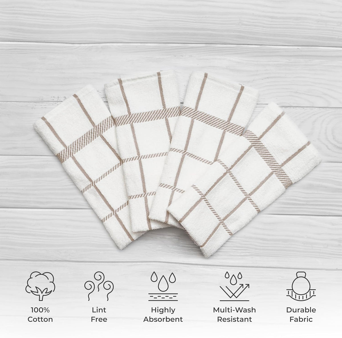 100% Cotton Terry Dish Towels, 4 Pack Checks, 16 x26 Inches, Super Soft and Absorbent Kitchen Towels, Perfect for Kitchen Cleaning and Dish Washing | Tan