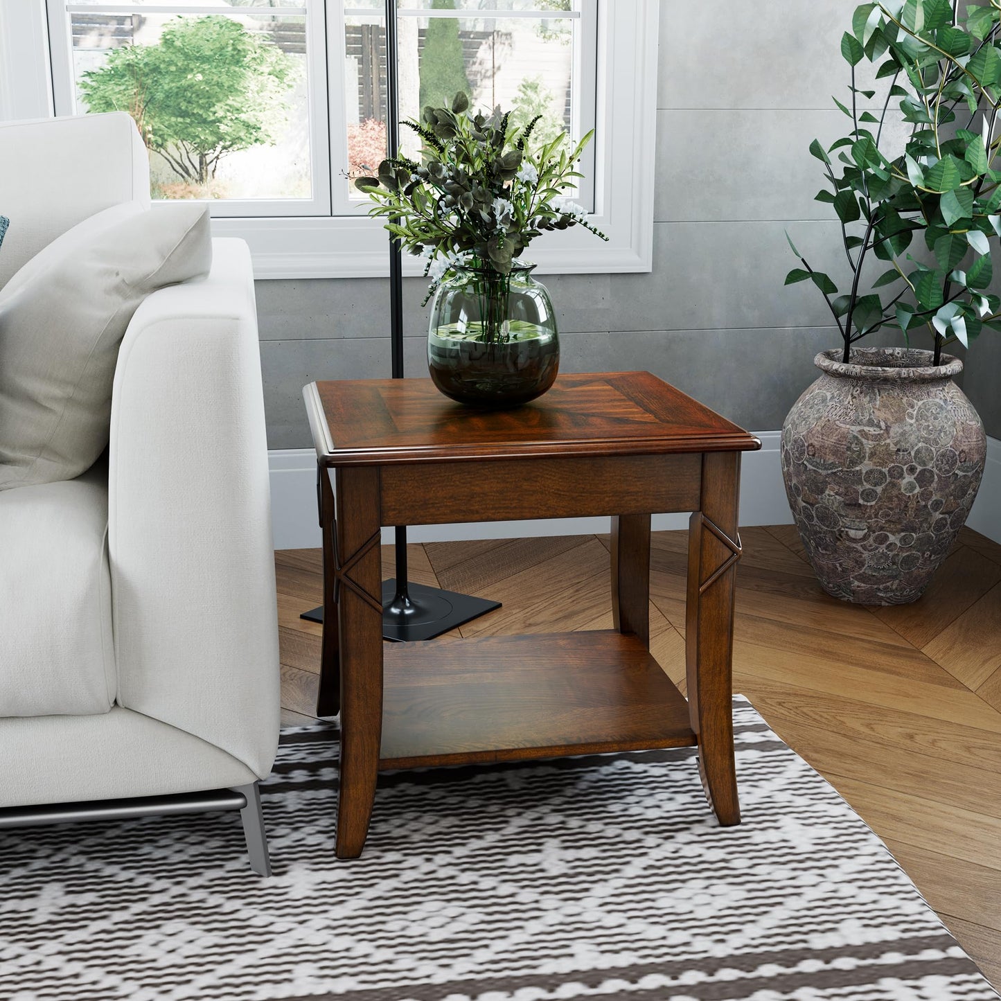 LEEMTORIG Cherry Solid Wood End Tables Living Room with Curved Legs, Mid Century Queen Anne Style Accent Side Tables Bedside Table with Storage Shelf, 19.7"W x 17.7"D x 19.7"H, Cherry Walnut CJZ-DR200