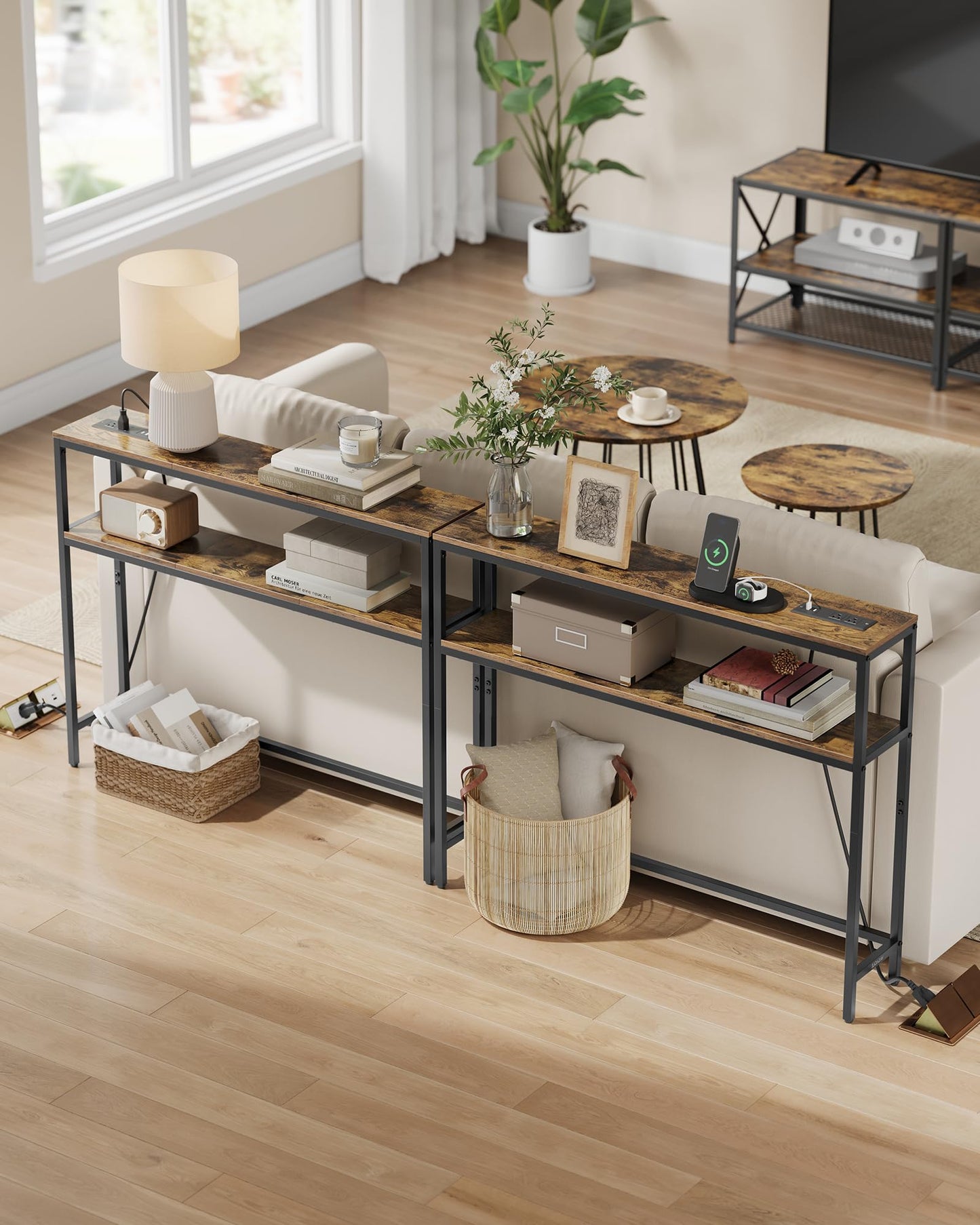 VASAGLE Console Table with Power Outlet, 2-Tier Narrow Sofa Table with 2 Shelves, 7.9 x 39.4 x 31.5 Inches, for Living Room, Hallway, Entryway, Rustic Brown and Ink Black ULNT136K01