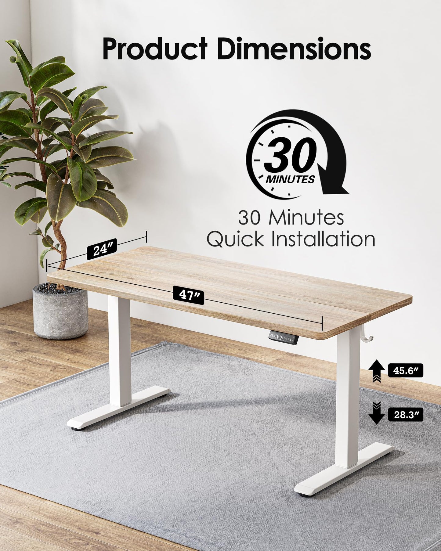 TIQLAB Height Adjustable Electric Standing Desk, 47 x 24 inch, Sit Stand Up Desk, Splice Board, Computer Home Office Desk, White Frame/Maple Top