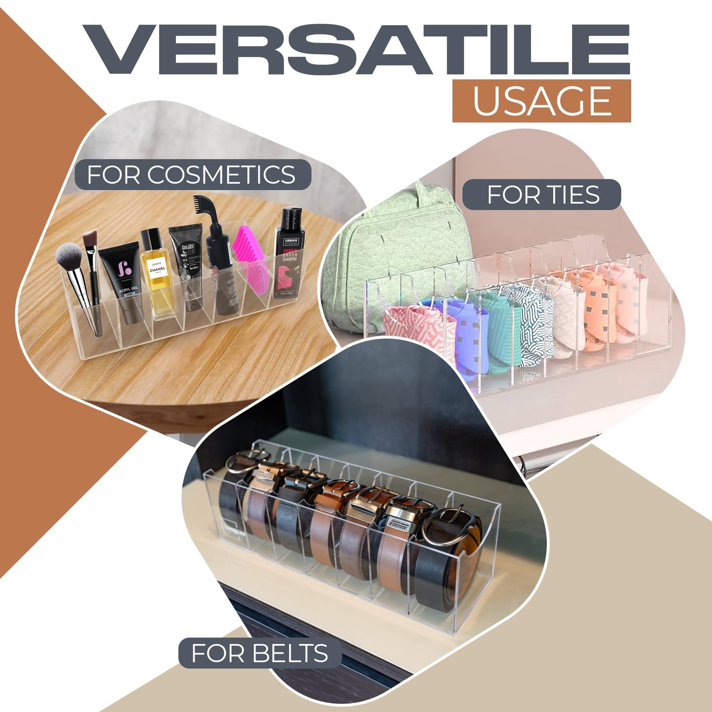 Belt Organizer for Larger Buckles With Extra Wide Compartments - 7 Compartments - Durable Acrylic Belt Organizer for Closet and Drawer