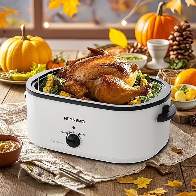 24 Quart Electric Roaster Oven with Visible & Self-Basting Lid, Large Turkey Roaster with Defrost Warm Function, Adjustable Temperature, Removable Pan Rack, Stainless Steel