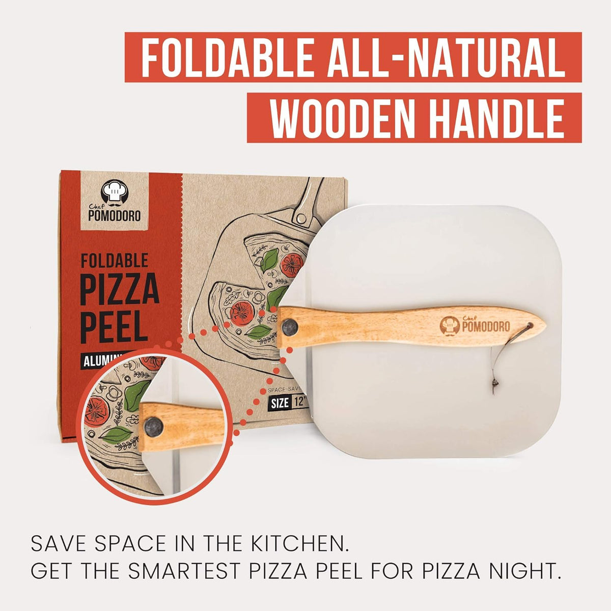 Chef Pomodoro Aluminum Metal Pizza Peel with Foldable Wood Handle for Easy Storage, Pizza Spatula, Gourmet Luxury Pizza Paddle for Baking Homemade Pizza Bread (12 inch)