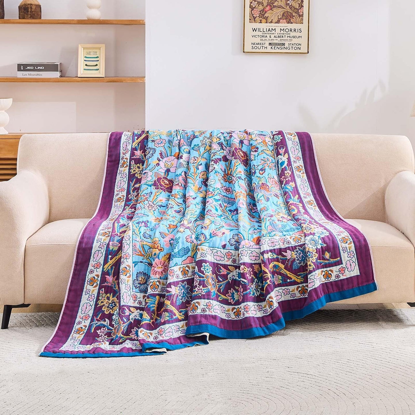 XIBLC Fall Blanket for Bed, 100% Cotton Soft Rustic Boho Throw Blanket Quilt, 50"x60" Farmhouse Decor Bed Flower Blankets, Light Weight Reversible Bohemian Throw Quilt