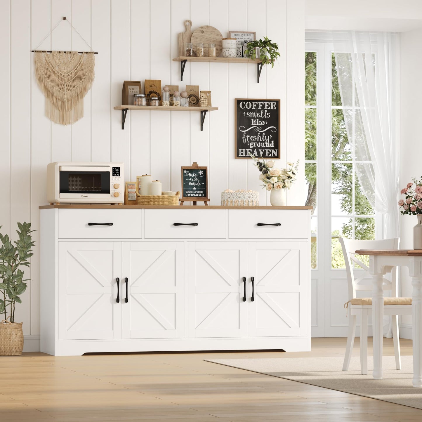 HOSTACK 59" Large Buffet Cabinet with Storage, Farmhouse Sideboard Buffet Cabinet with 3 Drawers, Wood Kitchen Coffee Bar with Doors and Shelves, Long Sideboard Kitchen Table for Dining Room, White