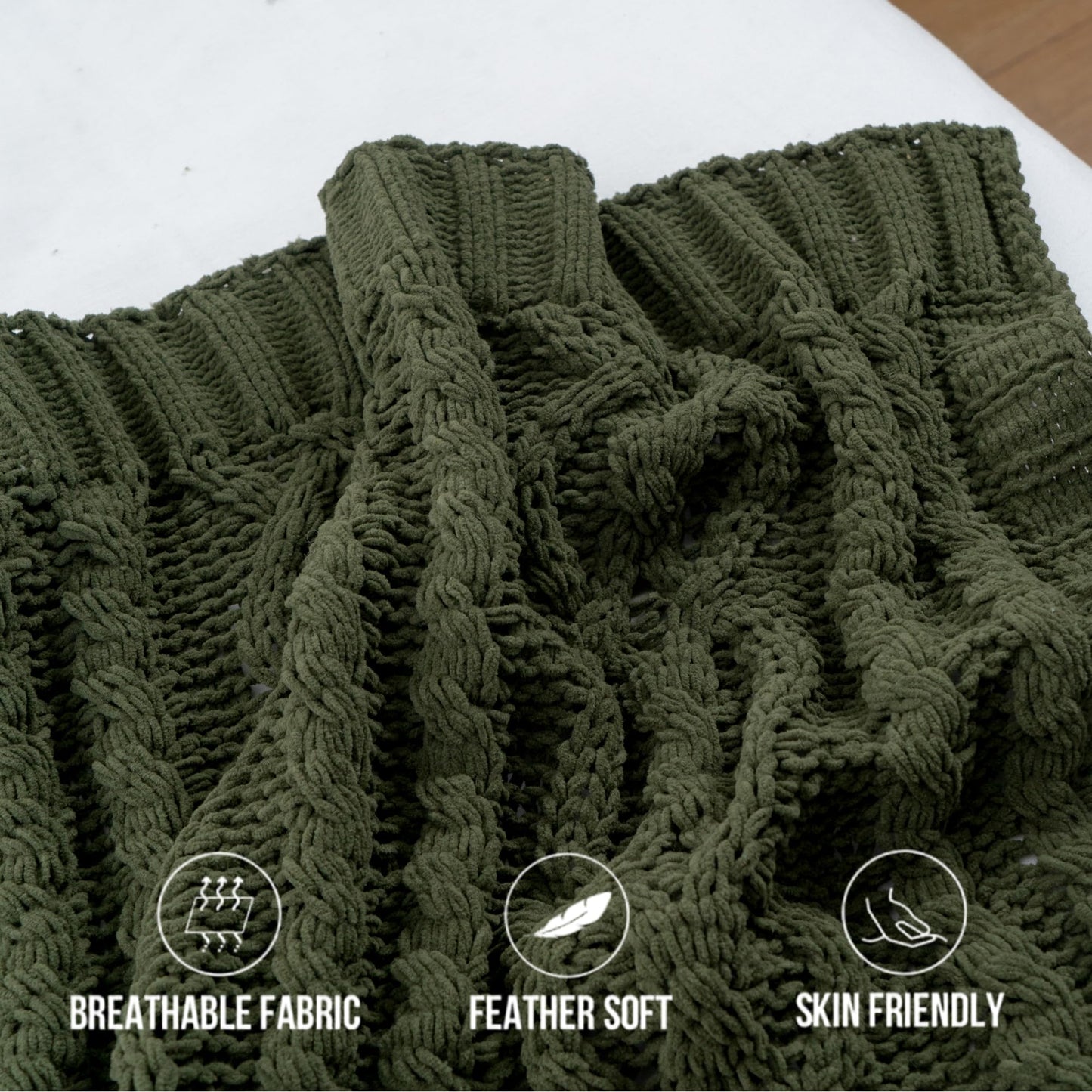 Battilo Olive Green Knit Throw Blanket for Couch, Woven Chenille Throw Blankets for Living Room, Sofa, Soft Chunky Knit Blanket, Decorative Couch Blanket, 51"x67"
