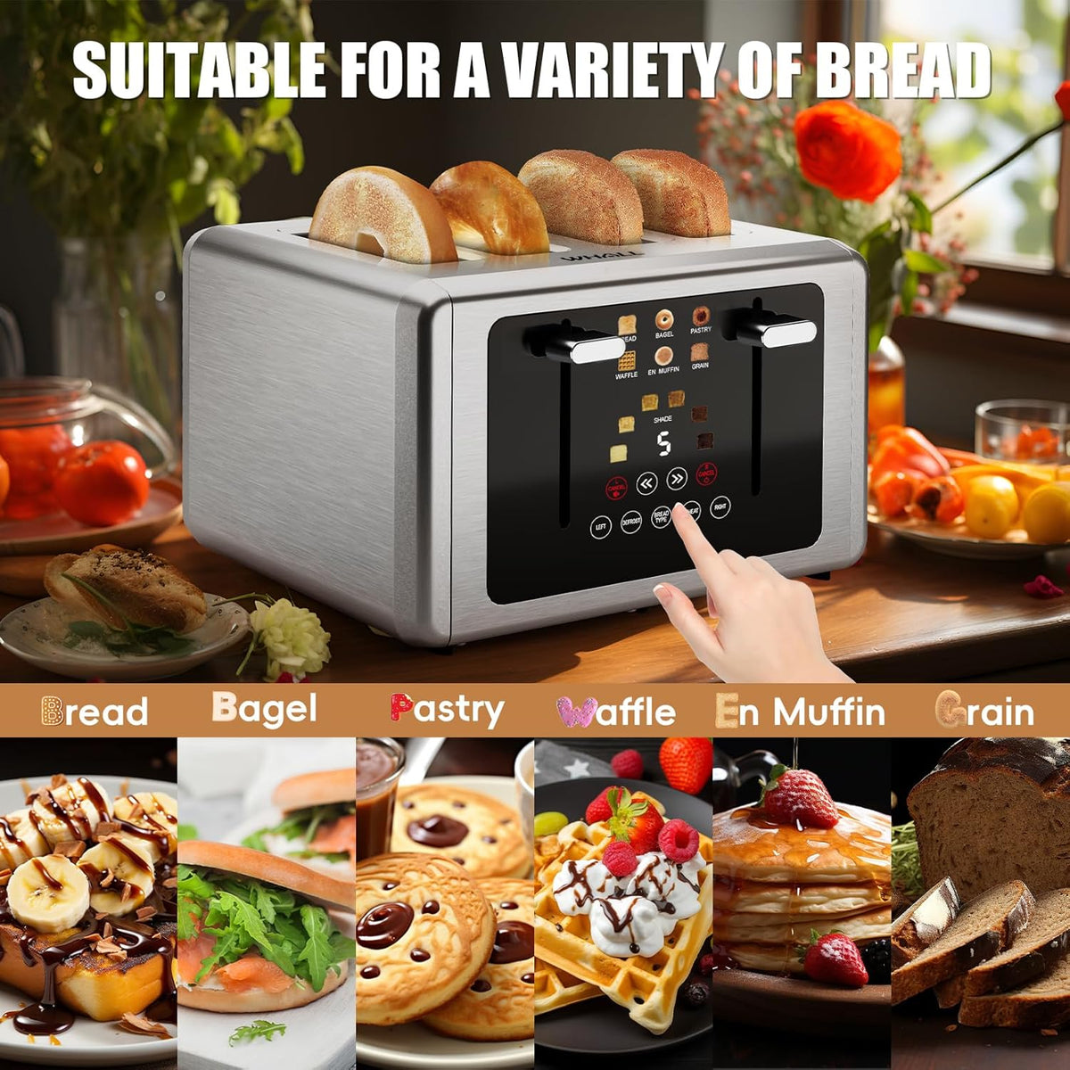 whall 4 Slice Touch Screen Toaster, Stainless Steel Toasters Digital Timer, Dual Control Panel Toasters，6 Shade Settings＆6 Bread Types, Smart Wide Slots, Bagel, Cancel, Defrost,Stainless Steel