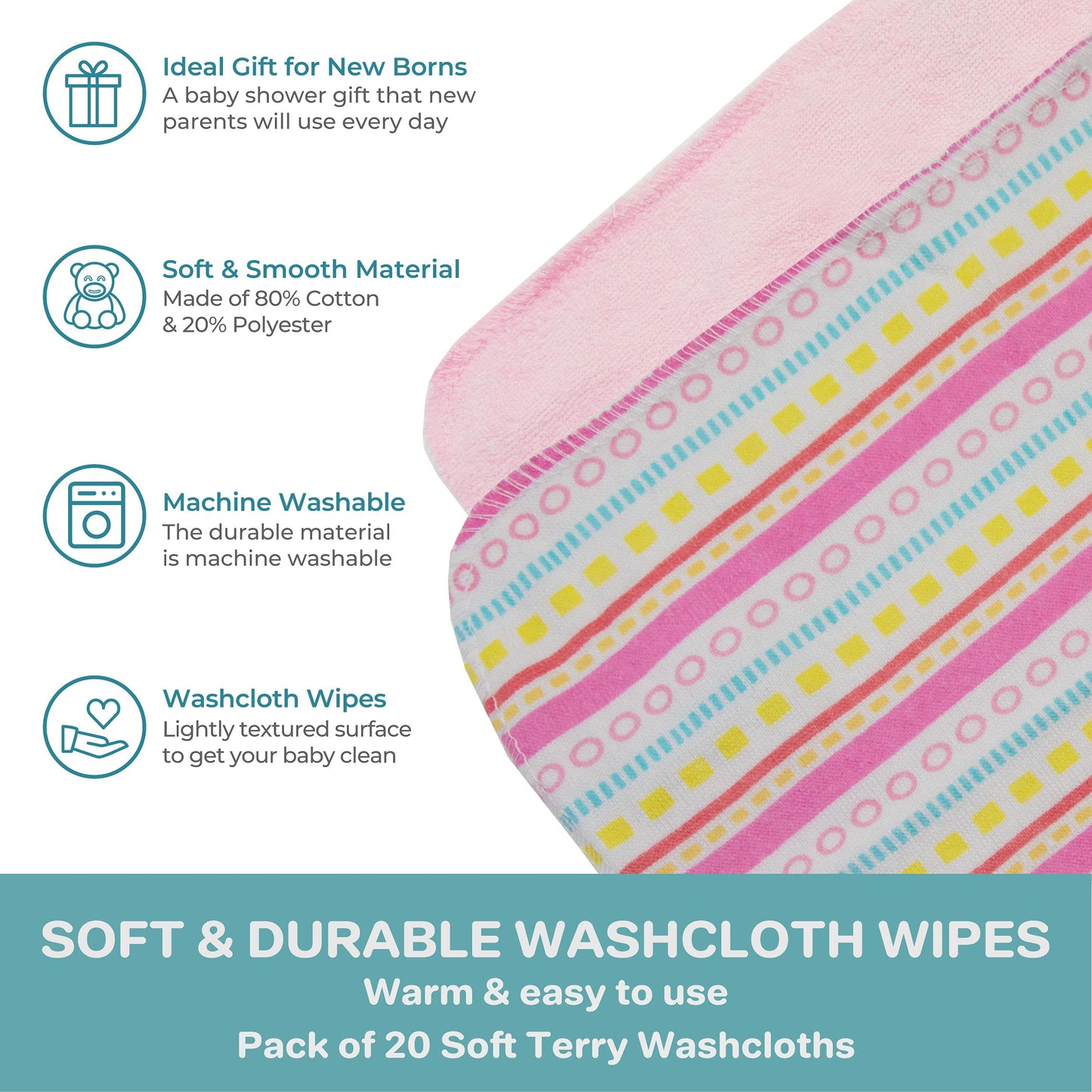 Spasilk Washcloth Wipes Set for Newborn Boys & Girls, Soft Terry Washcloth Set, Pack of 20, Pink Lines, 20 Pack