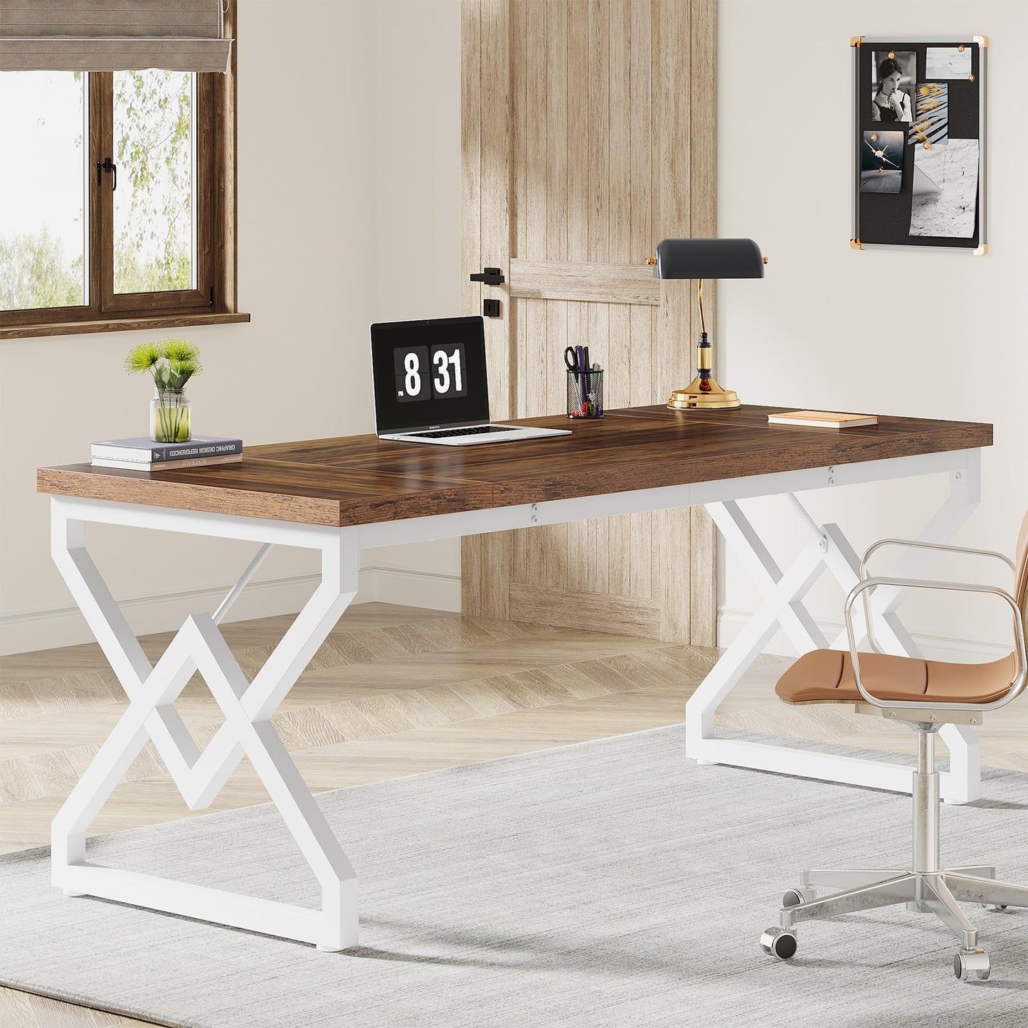 Tribesigns 63 Inch Executive Desk, Large Office Desk with Metal Frame, Ergonomic Writing Desk Computer Workstation, Modern Wood Computer Desk for Home Office, Easy Assembly (Brown+White)