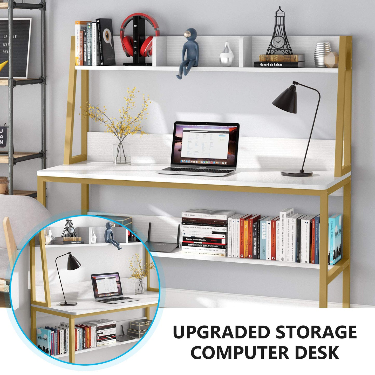 Tribesigns Computer Desk, 47 inch Office Desk with Hutch and Bookshelf, Modern Study Writing Table for Home Office (White)