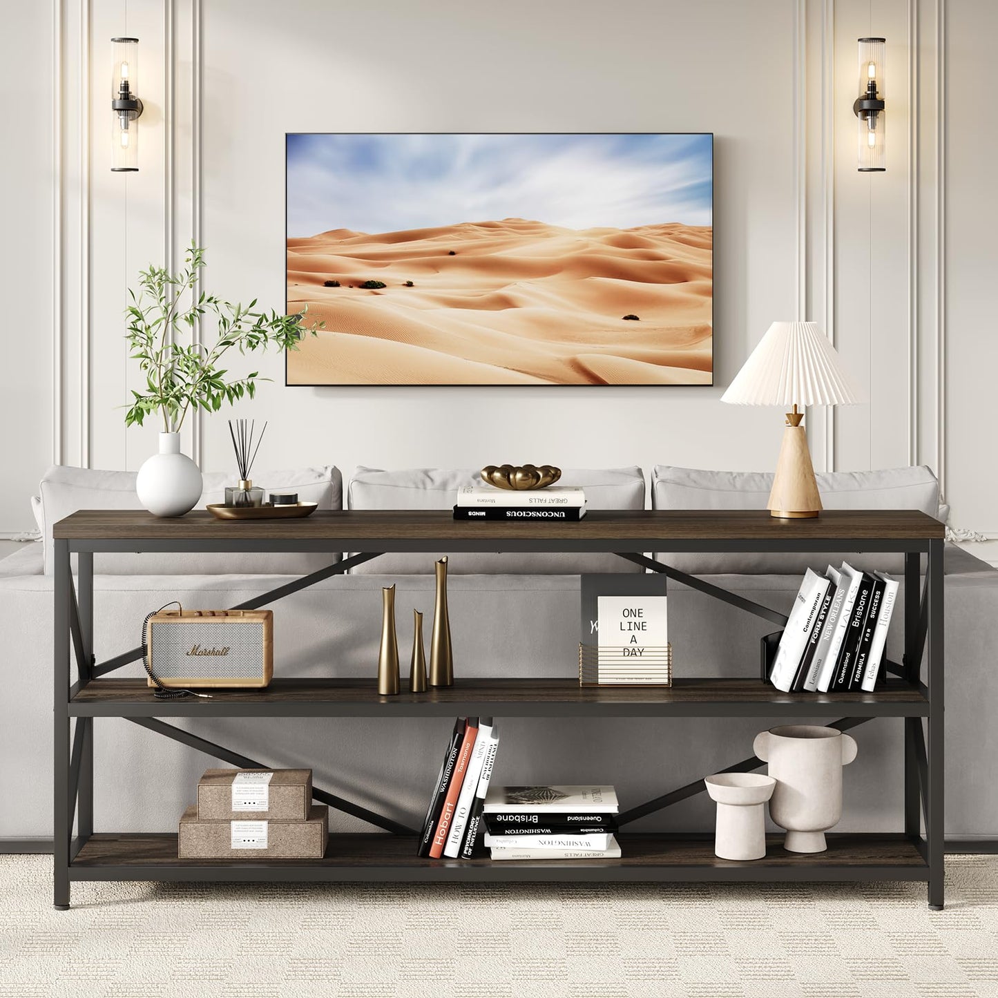 ONBRILL Industrial Console Sofa Table,70.8 Inch Extra Long Entryway Table with 3 Tier Wood Storage Shelf for Living Room, Hallway, Entrance, Narrow Sofa Table with Metal Frame, Black and Brown