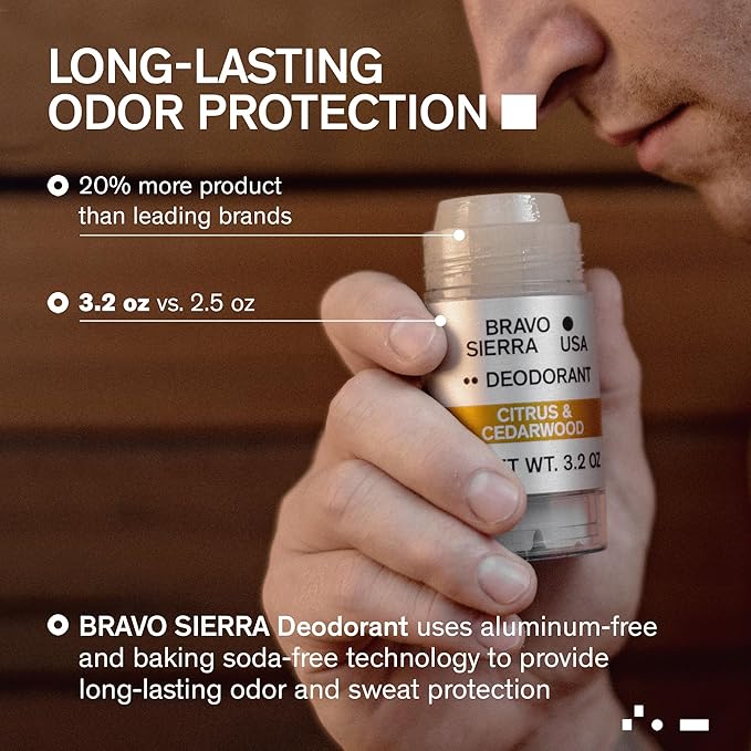 Aluminum-Free Deodorant for Men by Bravo Sierra, 2-Pack - Contains Natural Ingredients – Long Lasting Odor and Sweat Protection - Citrus & Cedarwood, 3.2 oz - Paraben-Free, Vegan & Cruelty-Free