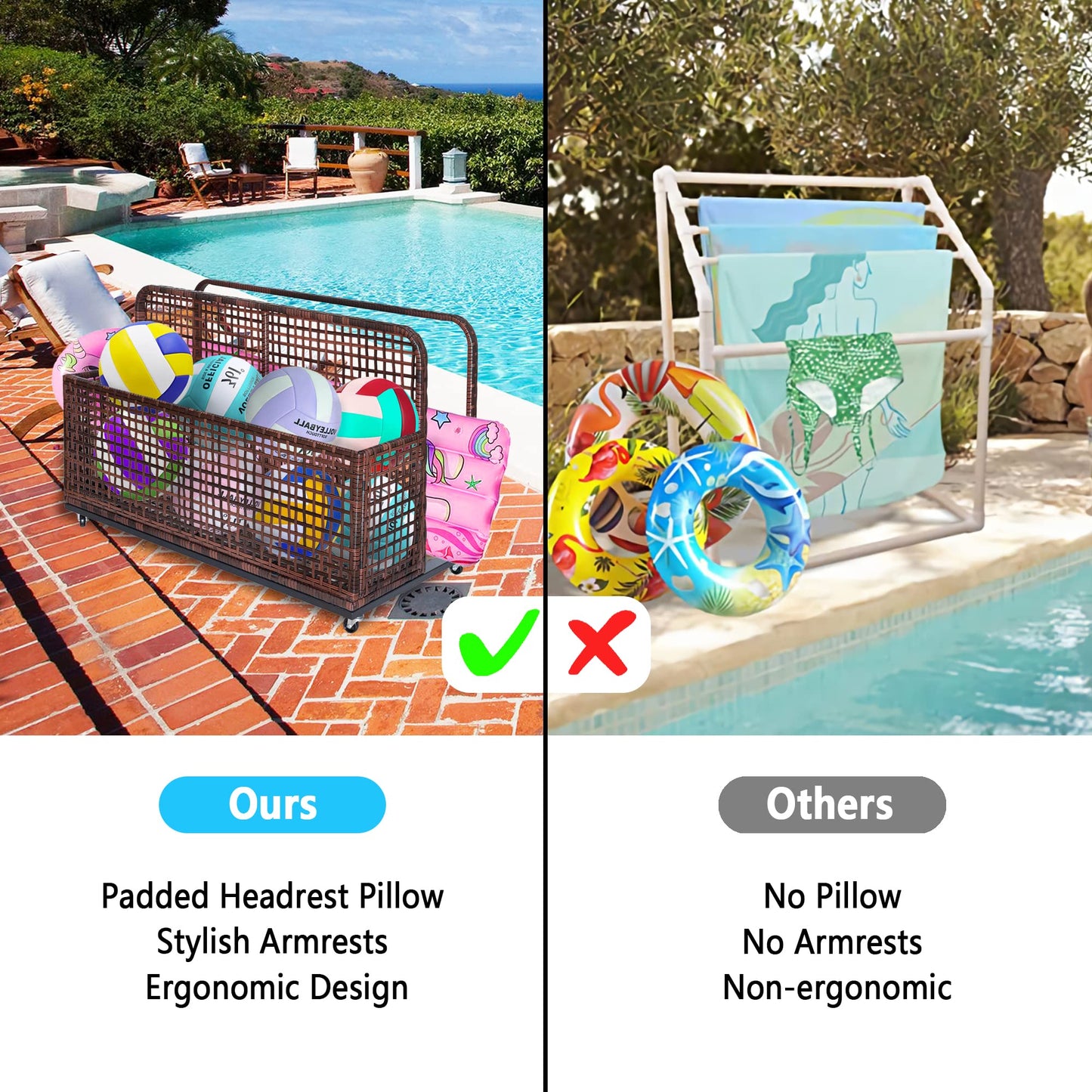 GarveeLife Poolside Float Storage, Outdoor Storage, PE Rattan Outdoor Pool Caddy With Rolling Wheels, Patio Deck Boxes, Storage Box, Pool, Beach-Sturdy,Brown