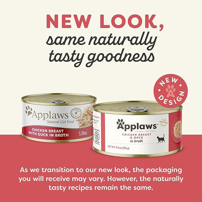 Applaws Natural Wet Cat Food in Broth, Limited Ingredient Canned Wet Cat Food, No Additives, Made with Natural Ingredients, Chicken Breast & Duck in Broth (24 x 5.5oz Cans)