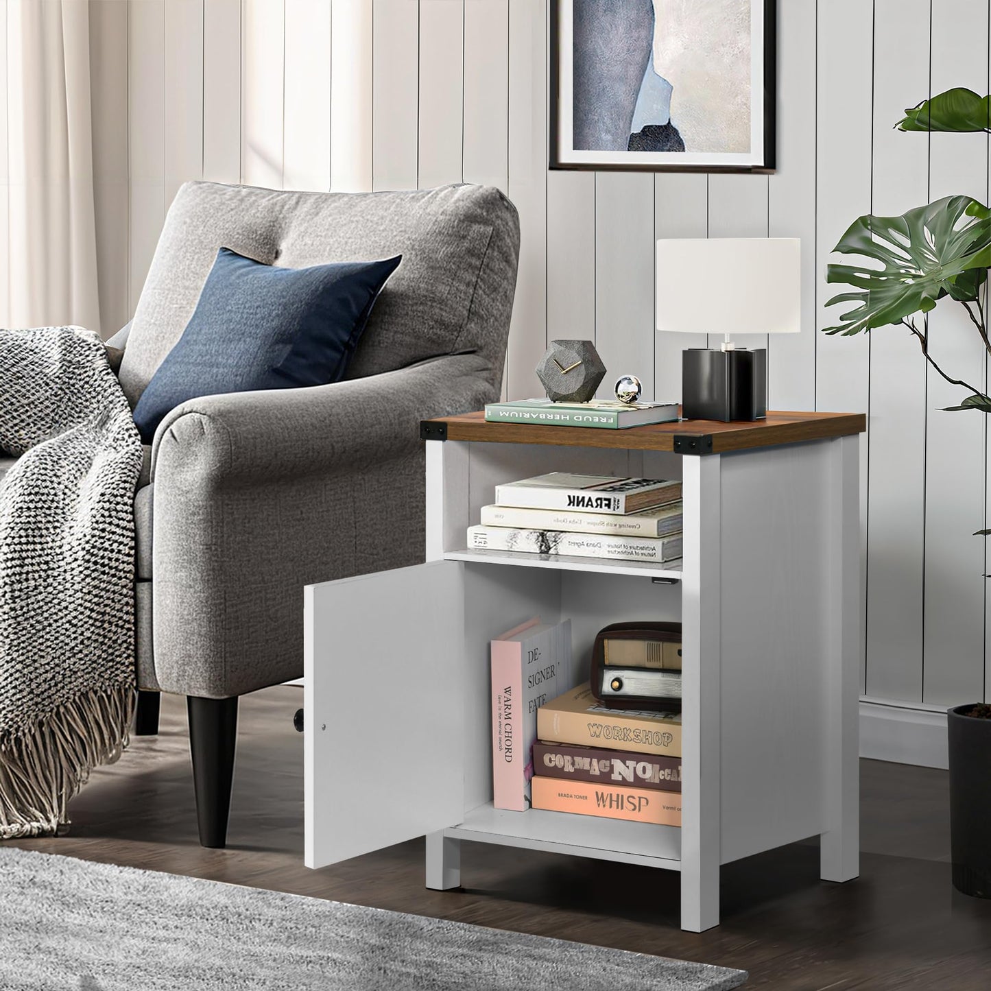 Catrimown Farmhouse End Table, Nightstand Set of 2, Rustic Night Stand with Barn Door and Storage Shelf, White End Table, Side Table for Bedroom Living Room, White