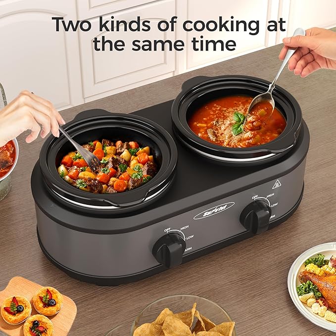 2 * 1.25 Quarts Dual Slow Cooker, Buffet Server & Warmer with 2 Removable Ceramic Pots, 3 Adjustable Temp Settings & 2 Visible Glass Lids, Stainless Steel, Grey
