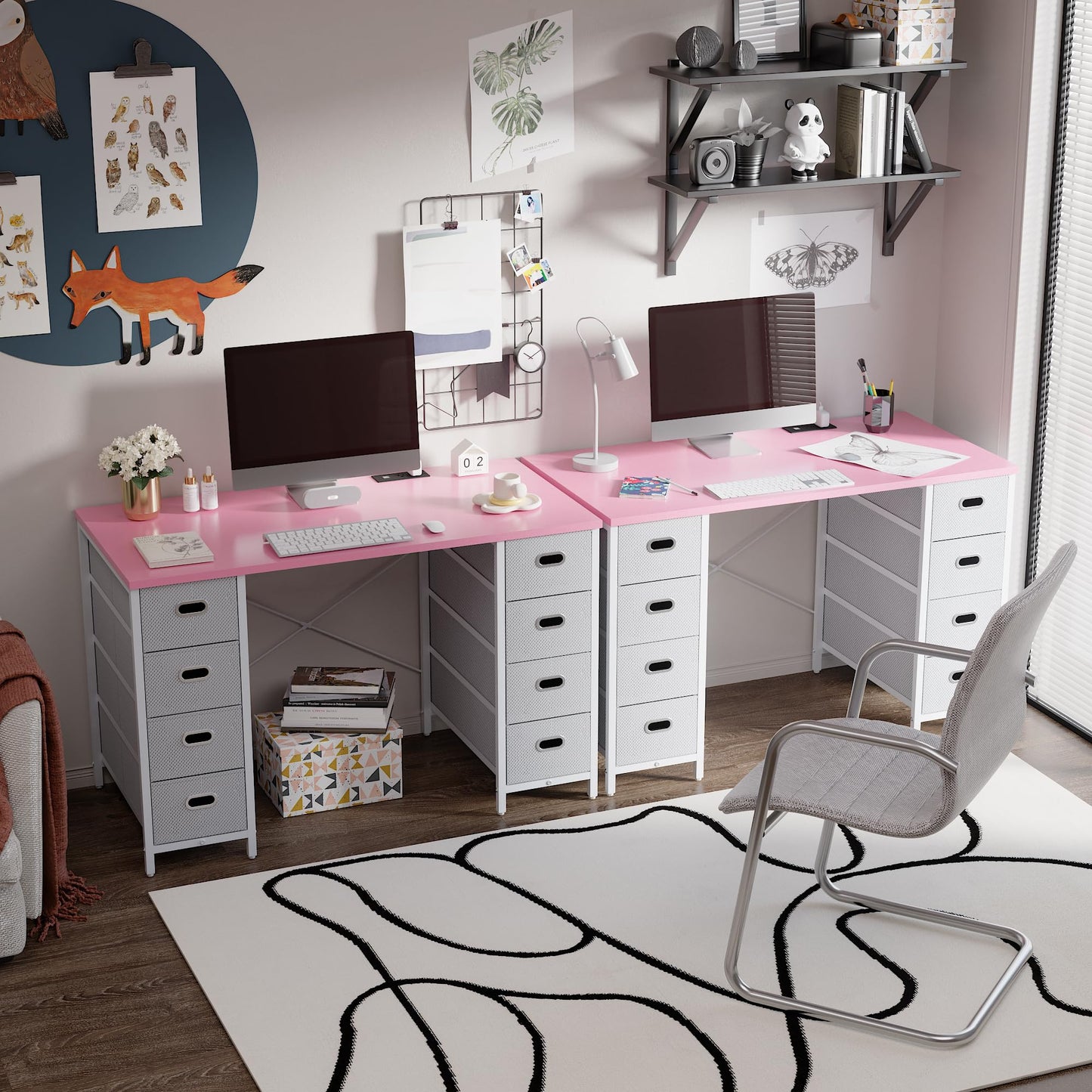 Pamray 47 Inch Computer Desk with 8 Fabric Drawers and Power Outlet PC Gaming Desk Home Office Study Work Writing Table for Bedroom Pink