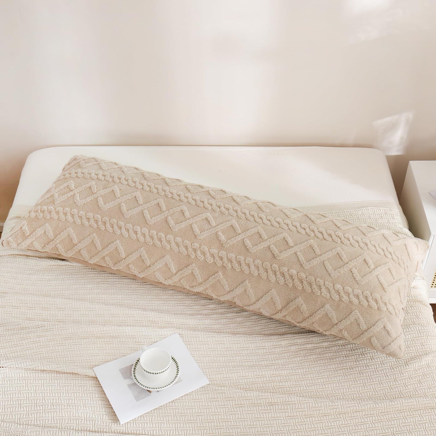 Chumerry Beige Fluffy Body Pillow Cover Faux Fur Pillowcase for Couch Bed Diamond Stripe Geometric Bed Pillow Cover Flannel Fleece Long Pillow Cover