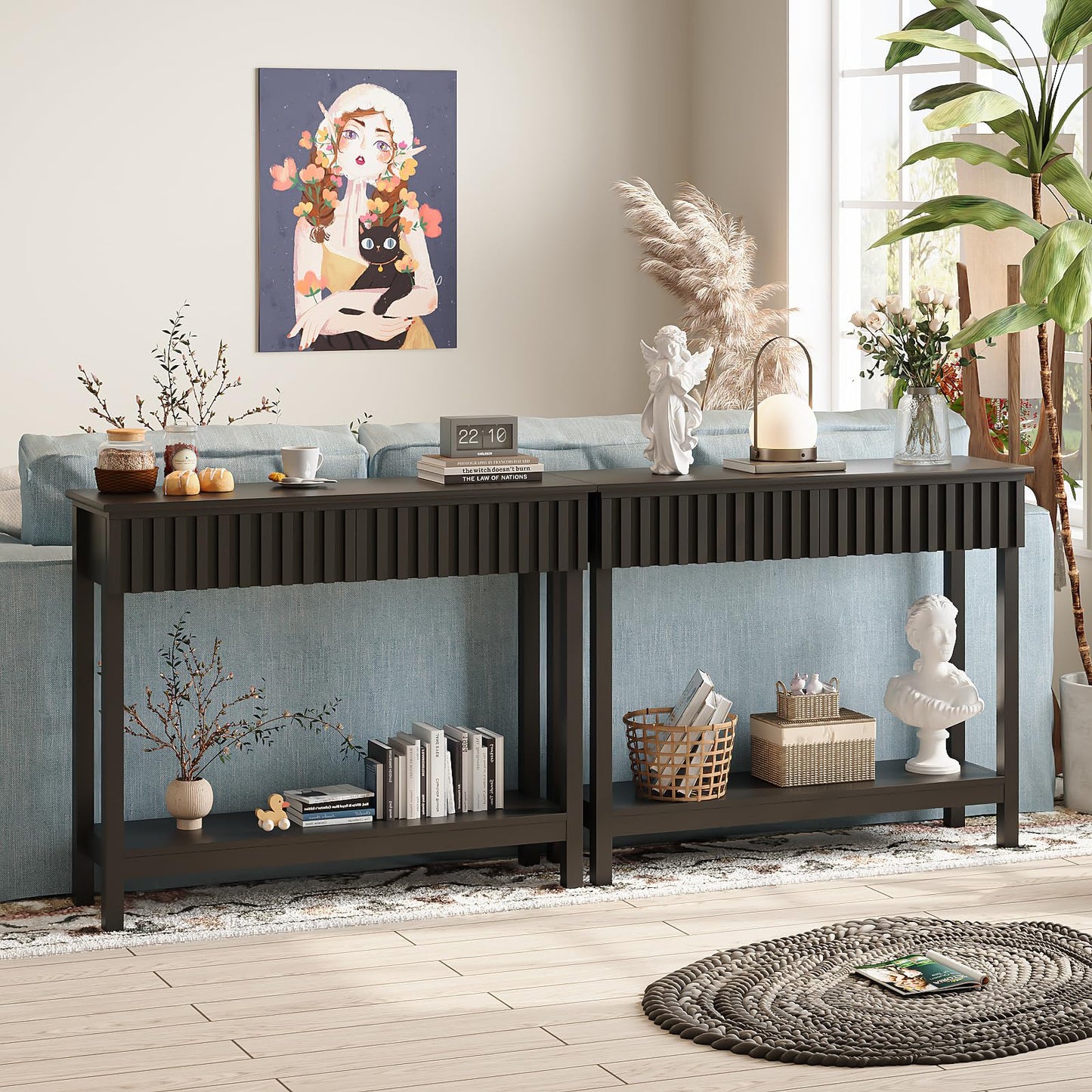 Trironsun Fluted Console Table with 2 Drawers Narrow Sofa Table with Open Storage Shelf Modern Behind Couch Tables Long Entryway Table for Foyer Hallway