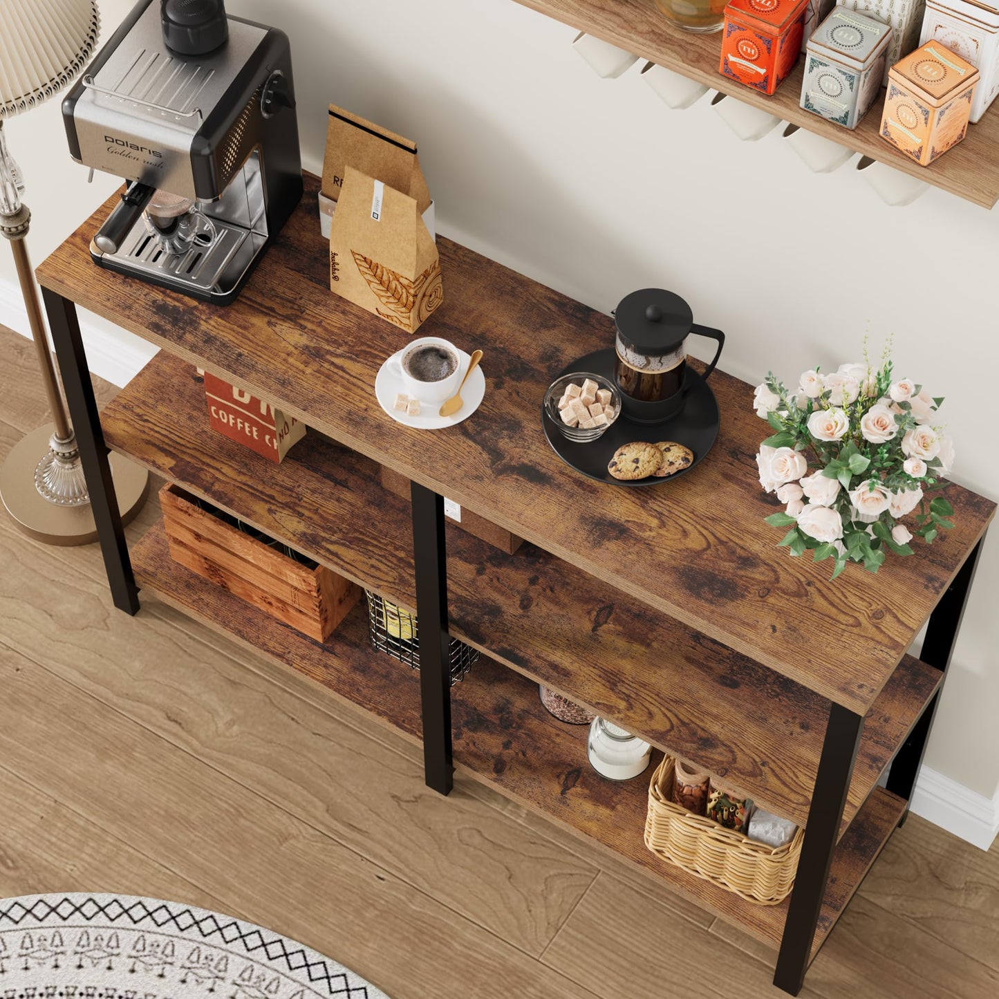 BOTLOG Console Table with 3 Shelves, Entryway Table Industrial Rustic with Thickened Desktop Living Room and Corridor