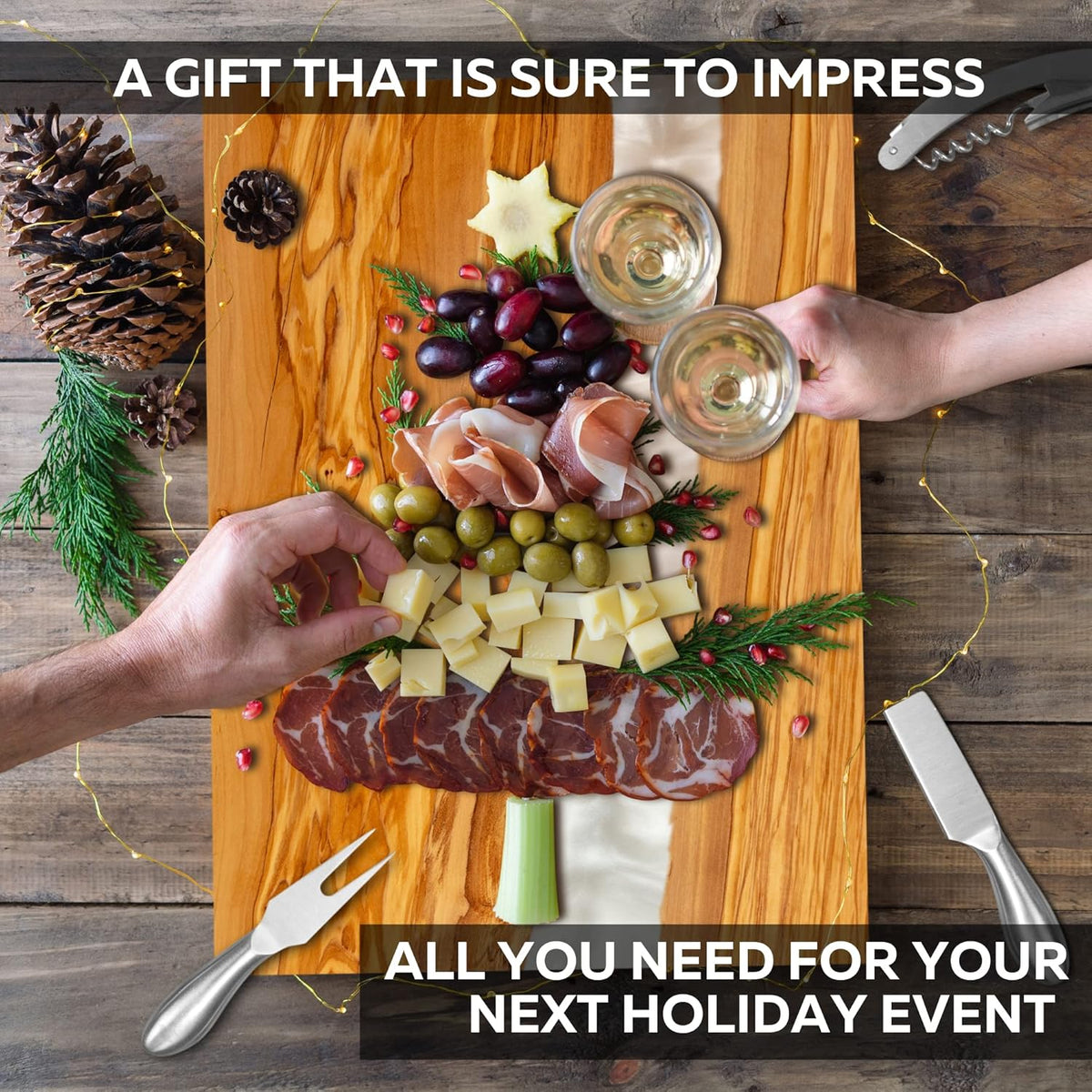 Handcrafted Italian Olive Wood Cheese & Charcuterie Board Set with Unique White Pearl Resin Artwork - Cutting Board Comes with 4 Cheese Knives, 2 Dipping Bowls & Corkscrew Wine Opener (White Pearl)