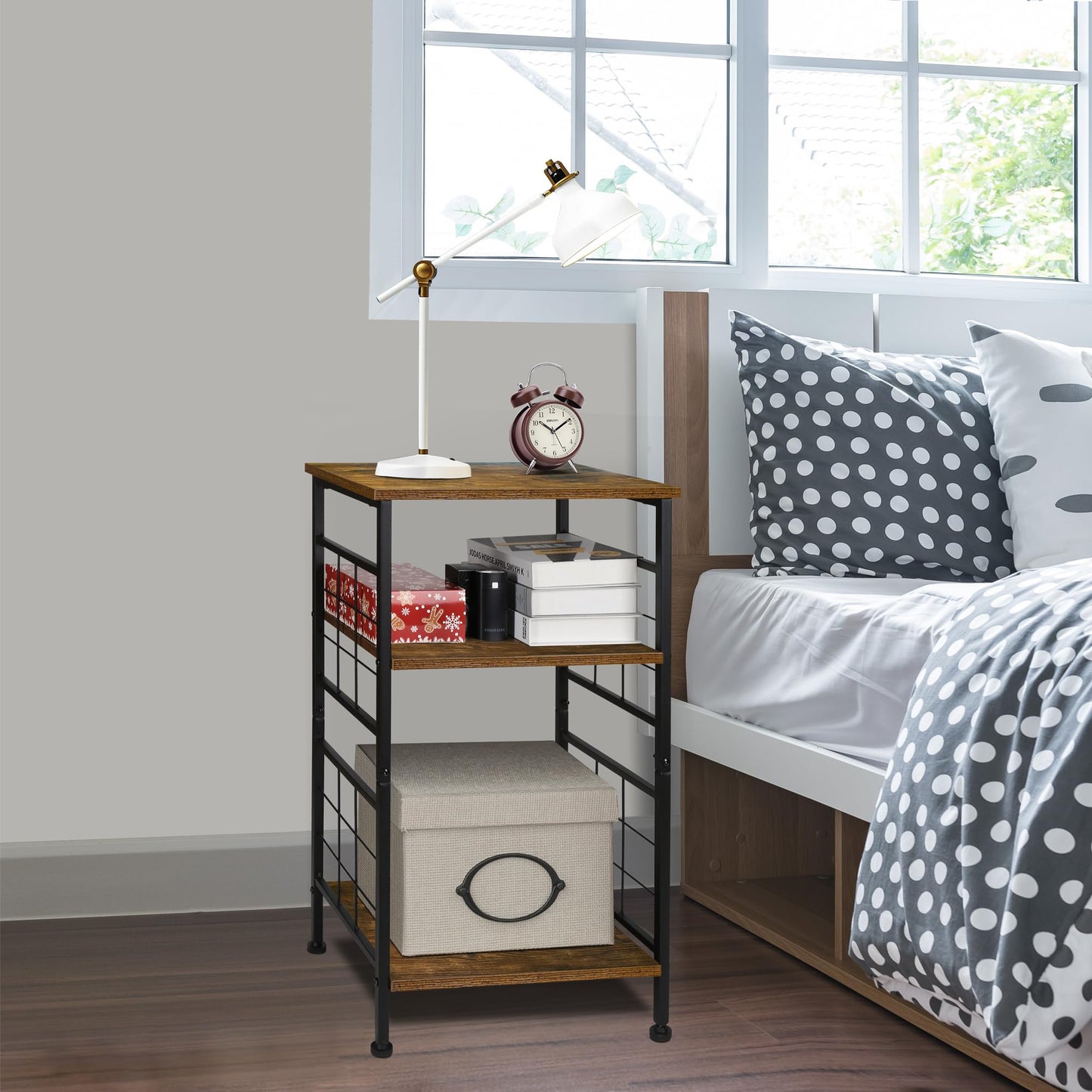 GIOTORENT 3-Tier Tall End Table, Narrow Night Stand with #-Design Sturdy Frame, Small Bed Side Table for Small Space in Living Room,Bedroom,Office,Bathroom(Brown)