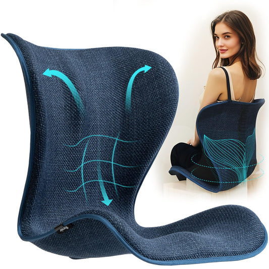 Ergonomic Lumbar Support Posture Corrector Back Seat Cushion for Office Chair, Wide Waist Butt Cradle for Men Women Long Teens Sitting Desk Work Gaming Accessory, One Piece Backrest Straightener, Blue