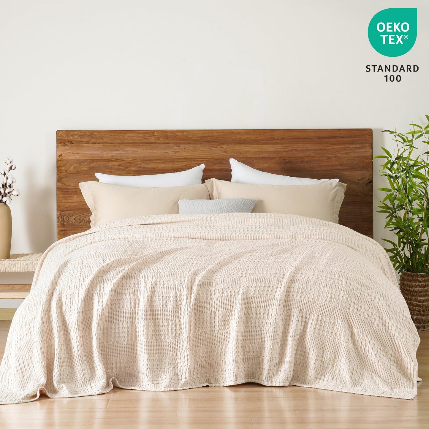 PHF Stone-Washed Cooling Waffle Twin Size Blanket - Lightweight Breathable Summer Blanket, 60% Rayon from Bamboo & 40% Cotton, Luxuriously Soft for Bed & Couch, 66"x90", Light Pink