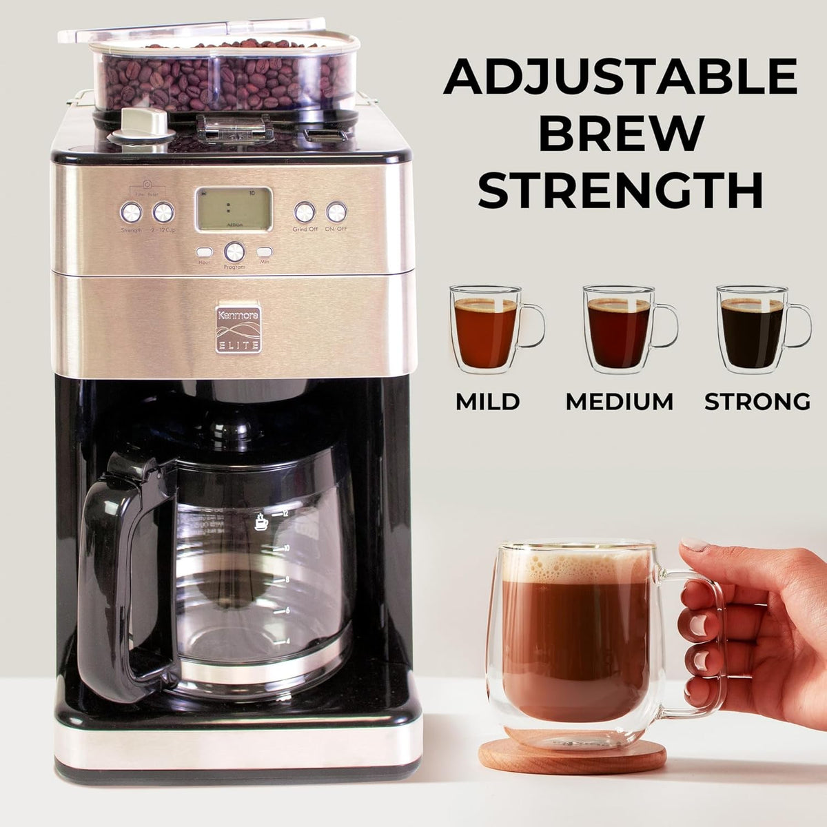Kenmore Elite Grind And Brew Coffee Maker - Burr Grinding Ground Coffee Bean Hopper With Drip Pot, 12 Cup Programmable Automatic Brew Coffee Machine For Barista Style Cafetera, Use For Kitchen & Café