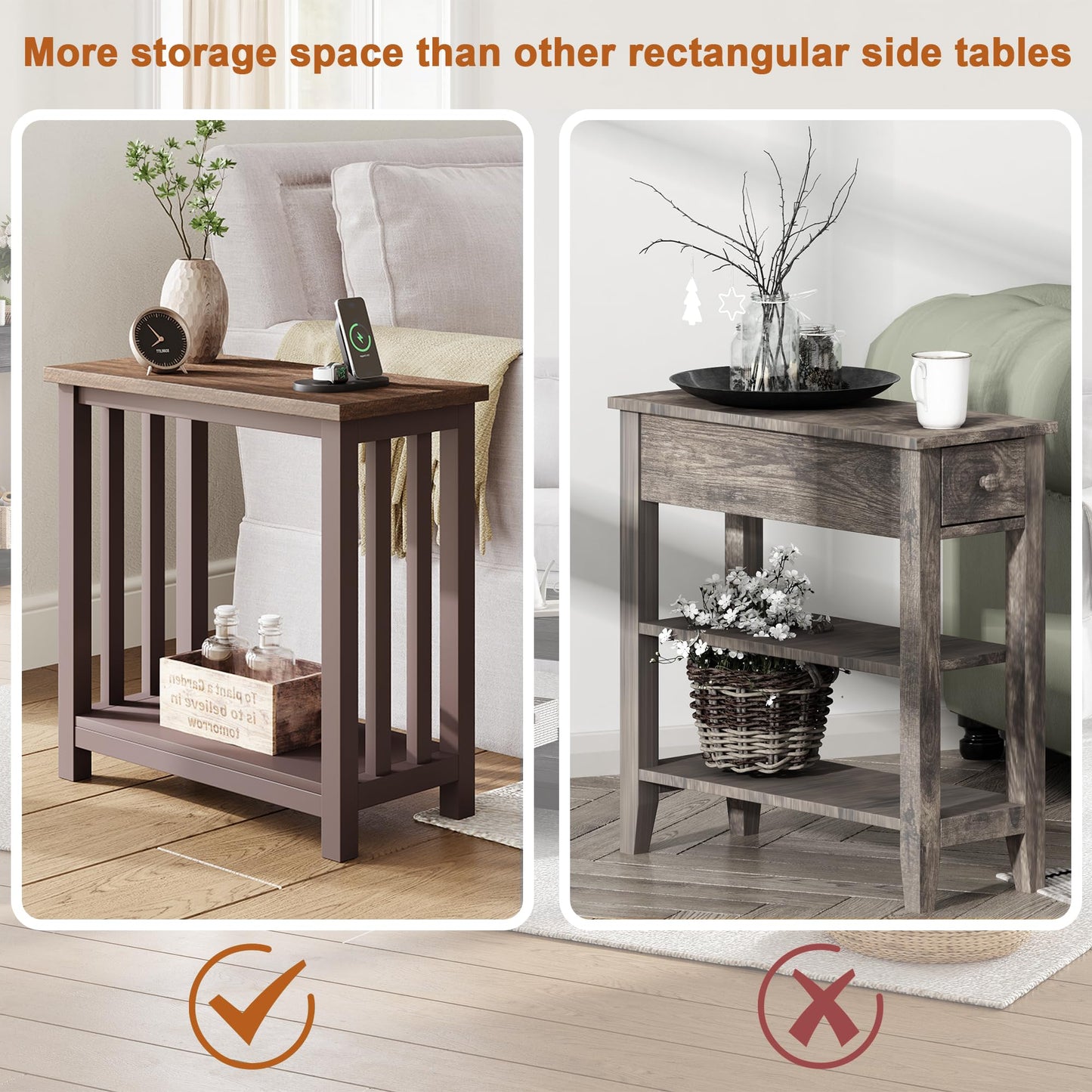 ChooChoo Mission End Tables Set of 2, Narrow Side Tables for Small Spaces, Night Stands with Storage Shelf for Living Room and Bedroom, Espresso