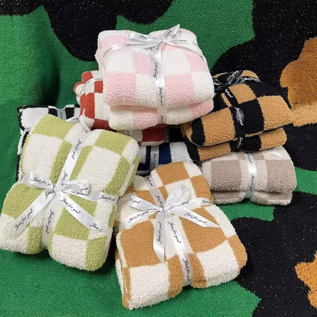 Ultra Soft Checkerboard Grid Blanket Cozy Buffalo Check Throw Fluffy Knitted Reversible Throw Blanket Lightweight Fleece Checkered Blanket for Sofa Couch Bed Travel, Blush Pink, 51''x63''