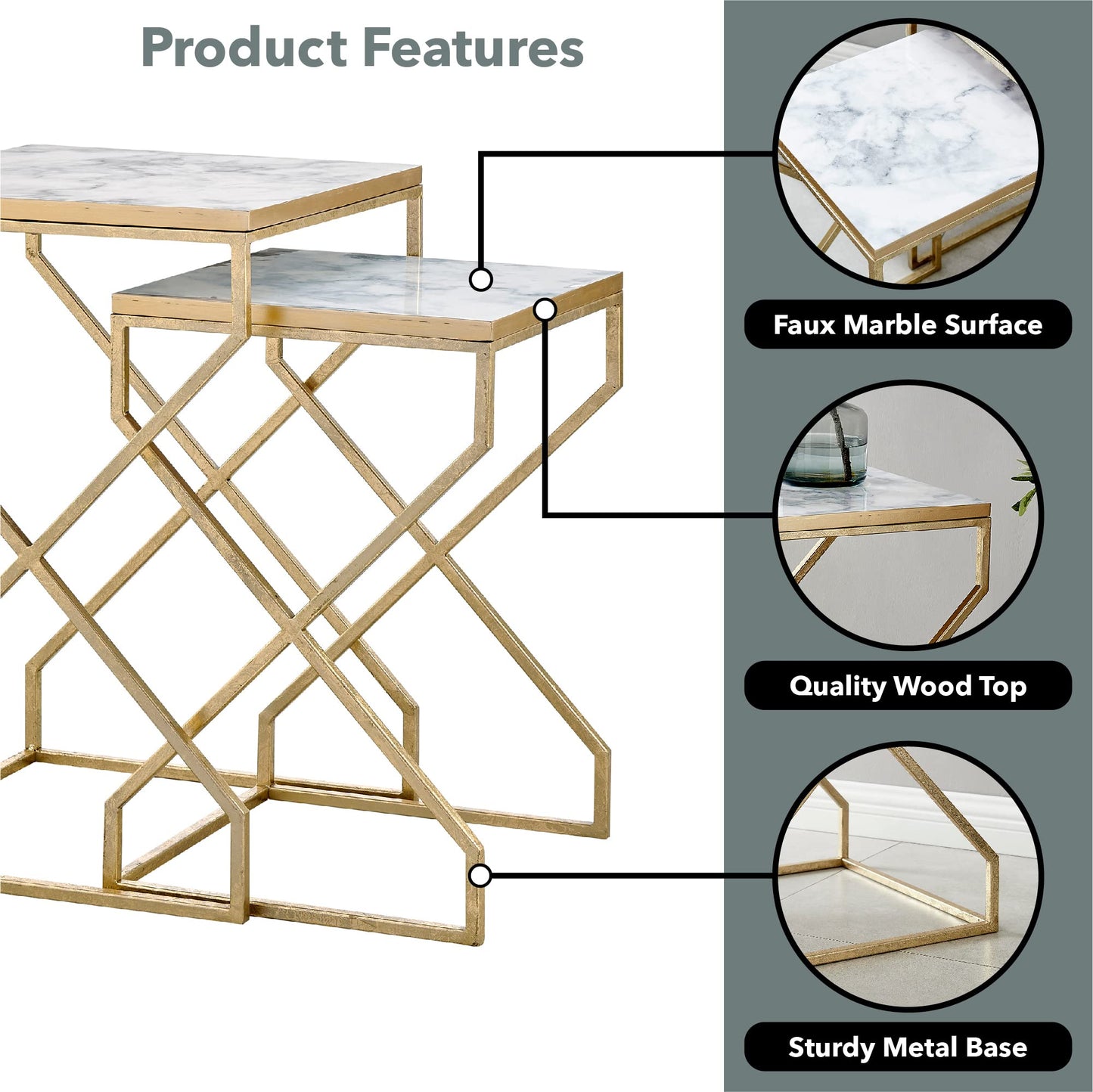 FirsTime & Co. Gold Mackenzie Marbleized Nesting End Table 2-Piece Set, Side Table, Night Stand, Metal and Wood, 15.75 x 15.75 x 23.75 inches