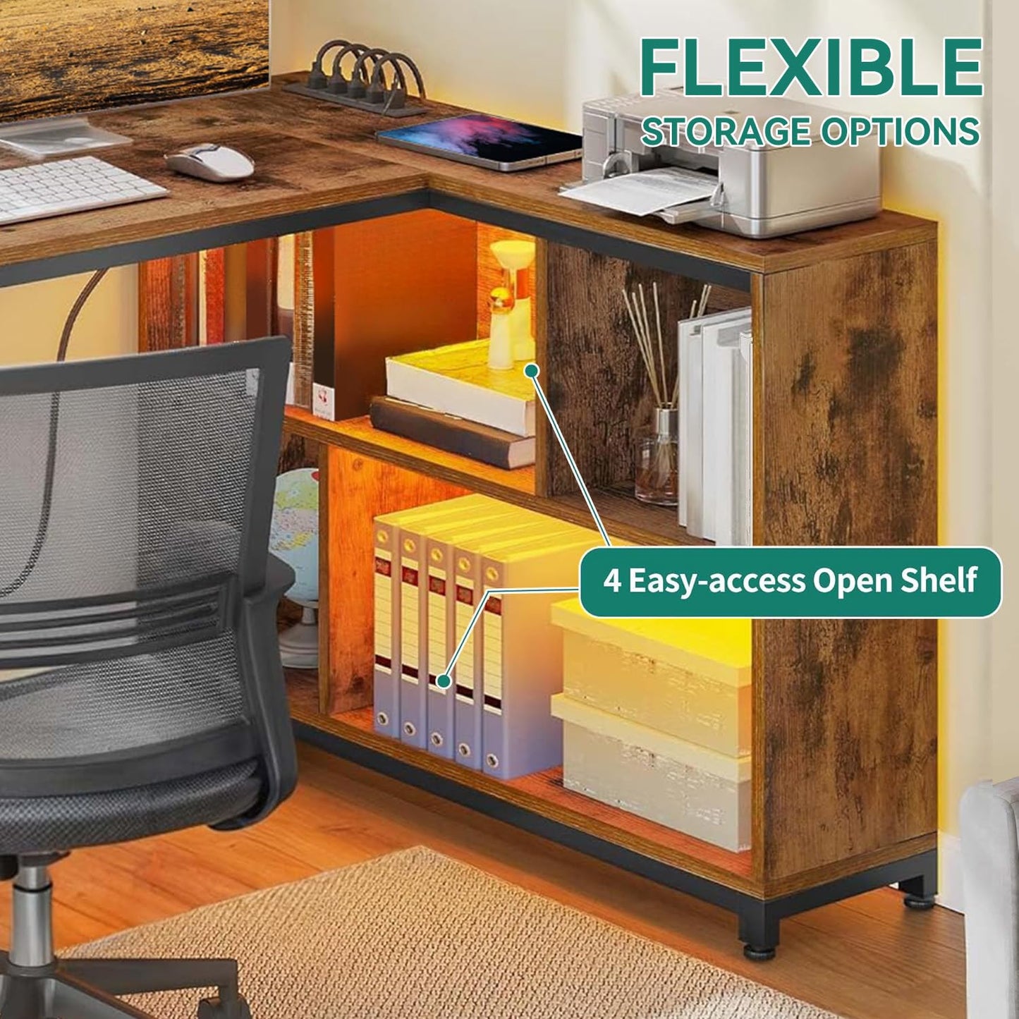 DWVO L Shaped Desk with Power Outlets, 55" Small Computer Desk with Storage Cabinet & LED Lights, Corner Desk Home Office Desk for Small Space, Rustic Brown