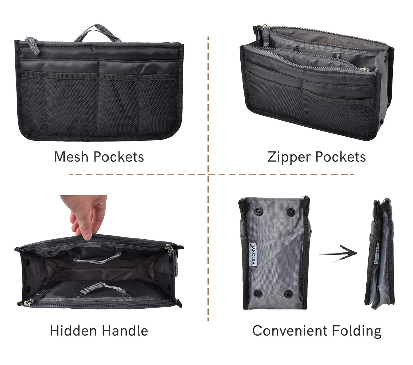 Vercord Purse Organizer Insert for Handbags Bag Organizers Inside Tote Pocketbook Women Nurse Nylon 13 Pockets Black Small