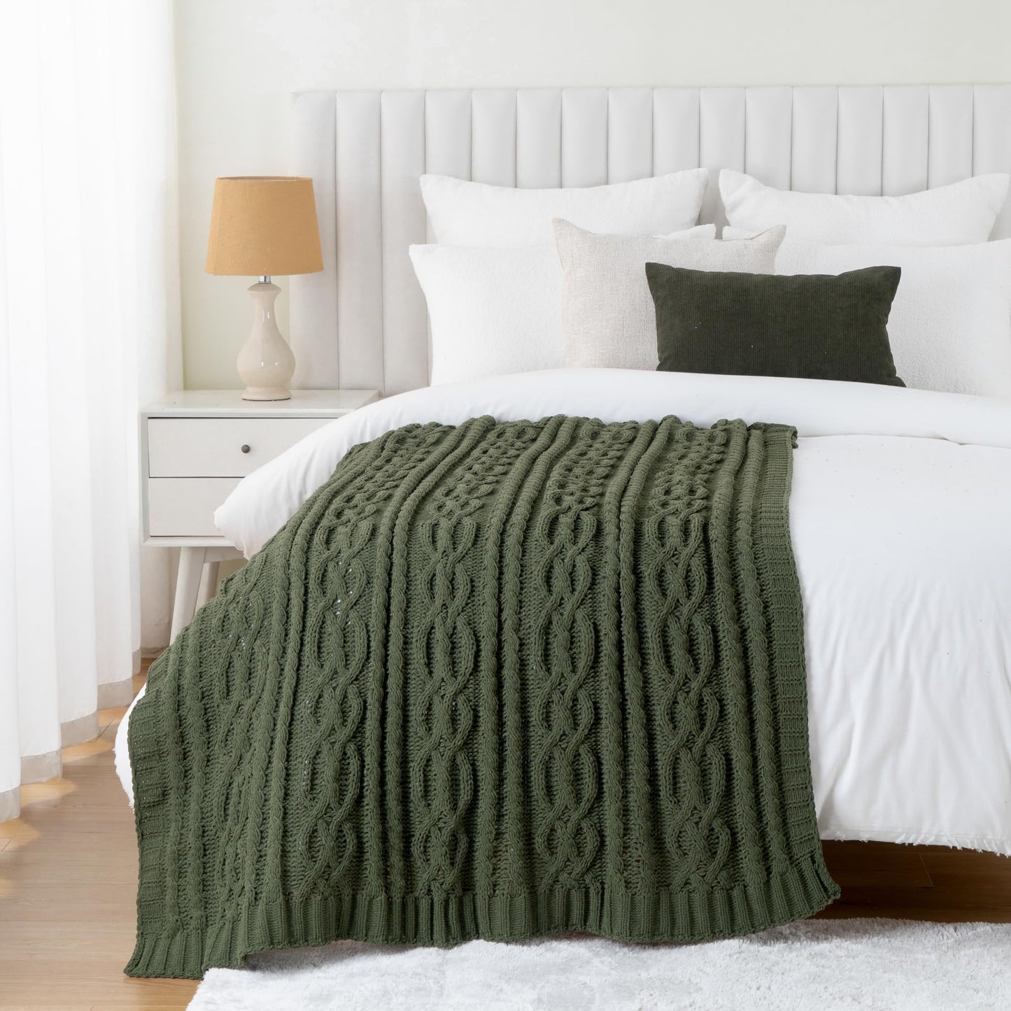 Battilo Olive Green Knit Throw Blanket for Couch, Woven Chenille Throw Blankets for Living Room, Sofa, Soft Chunky Knit Blanket, Decorative Couch Blanket, 51"x67"
